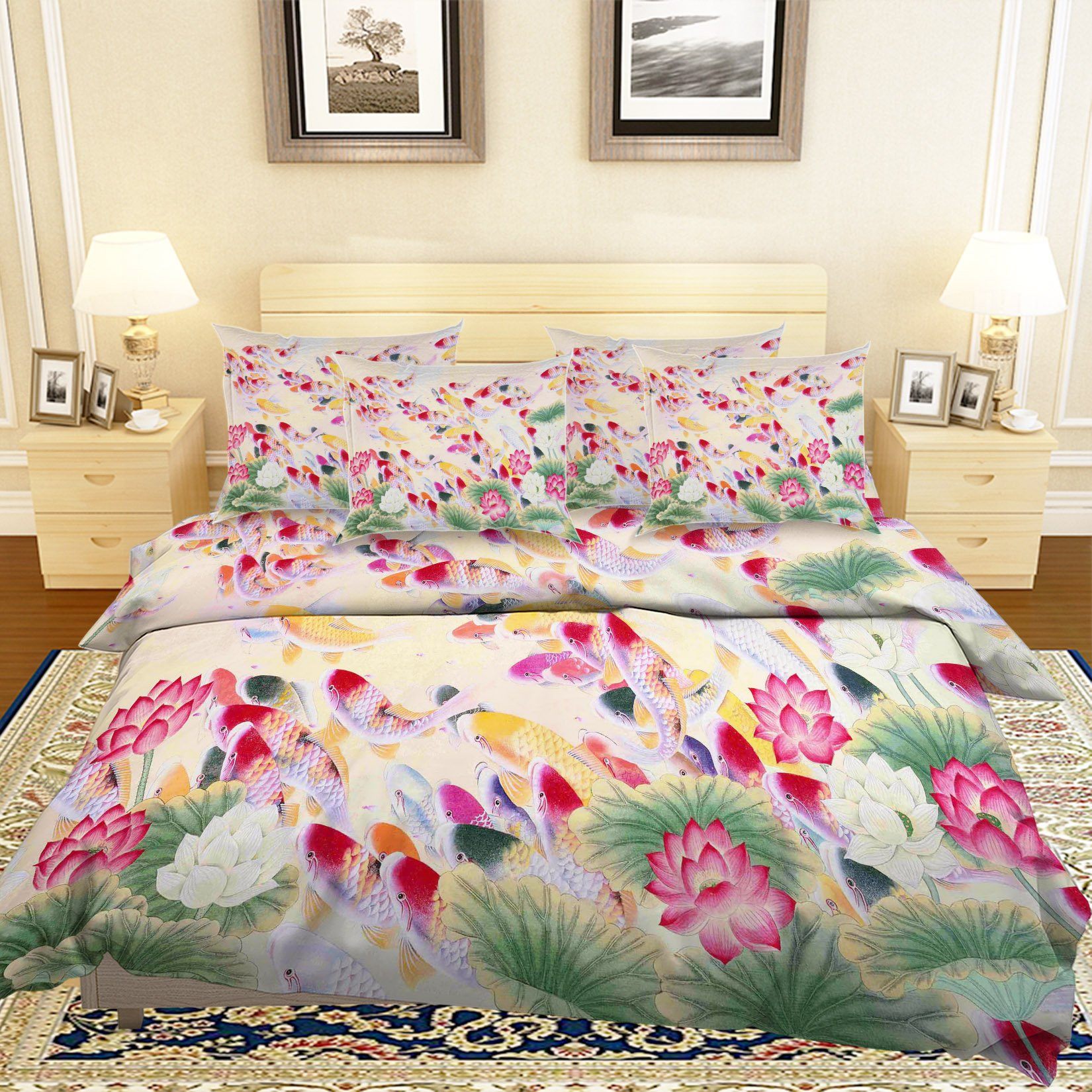 3D Fishes Flowers 2 Bed Pillowcases Quilt Wallpaper AJ Wallpaper