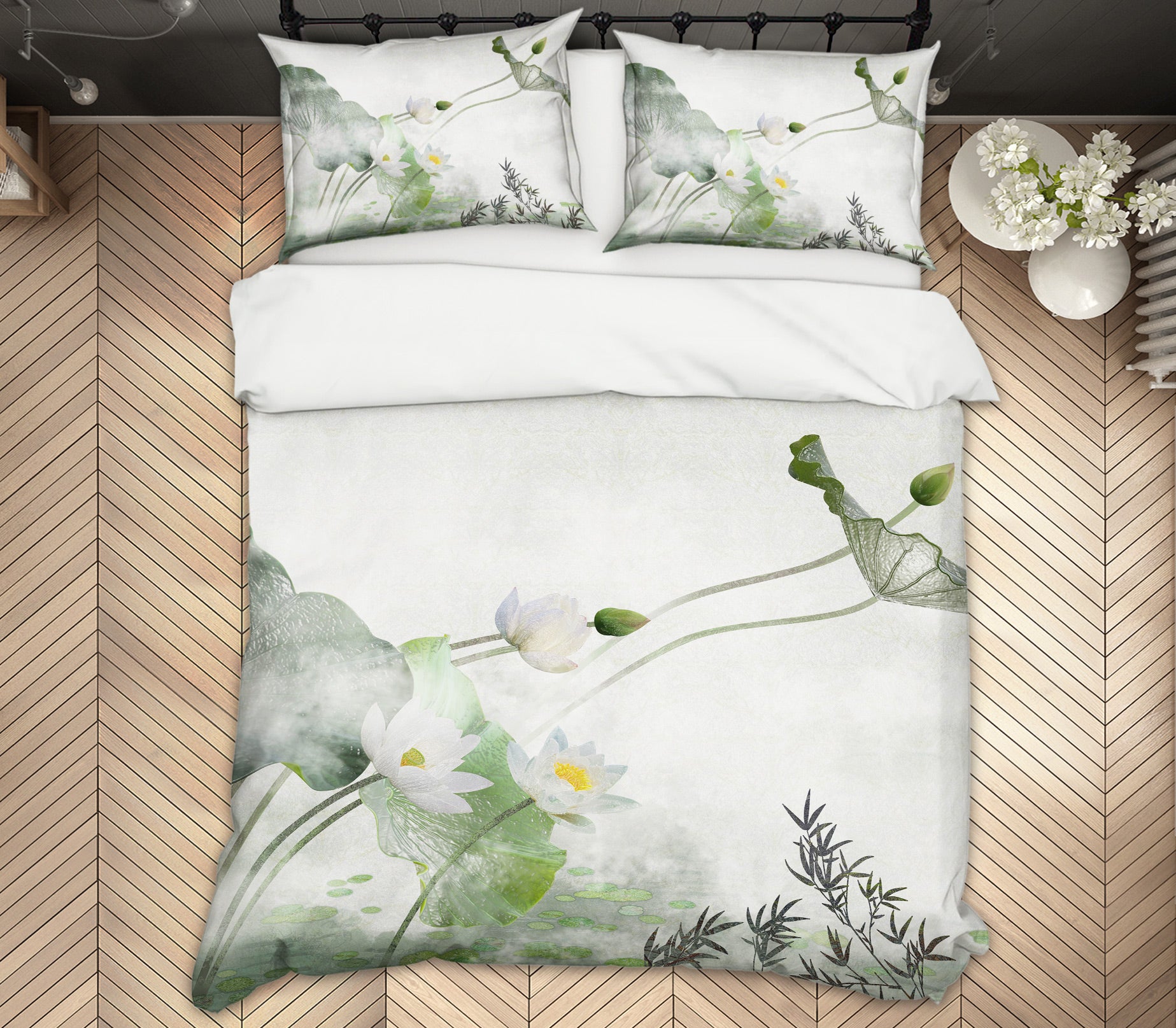3D White Lotus 12090 Bed Pillowcases Quilt