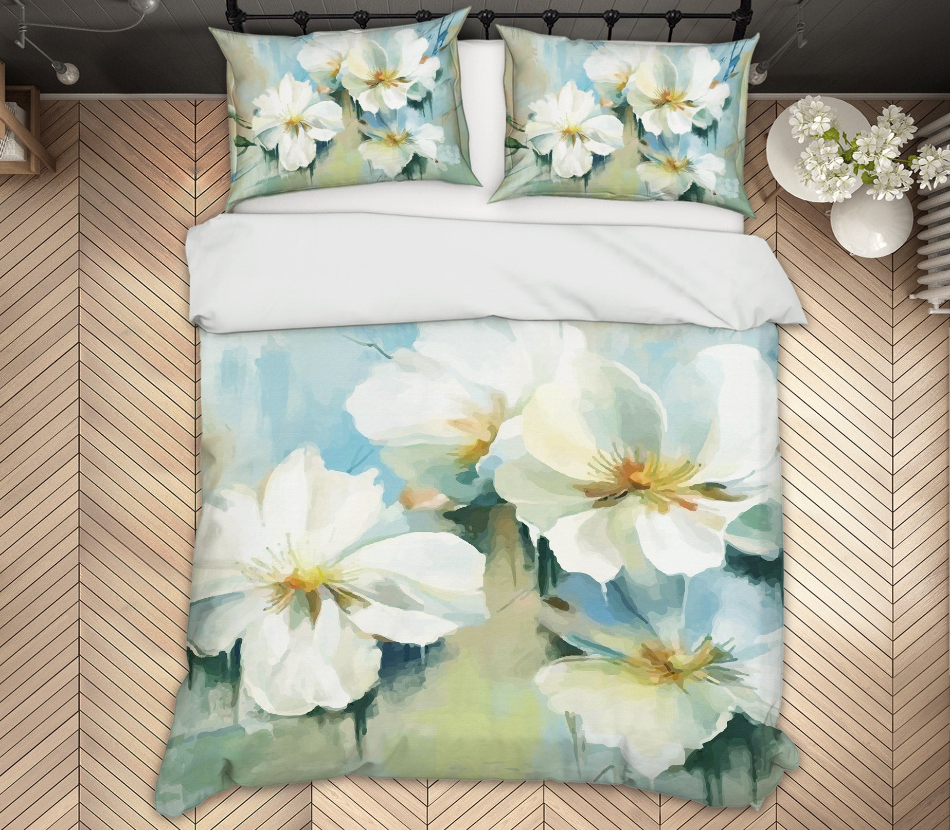 3D White Flowers 13131 Bed Pillowcases Quilt