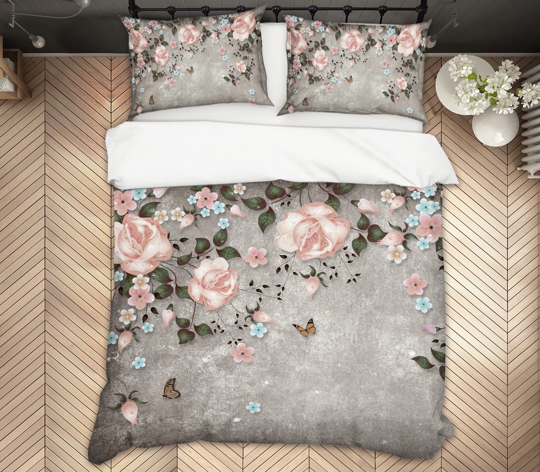 3D Gray Flowers 13122 Bed Pillowcases Quilt