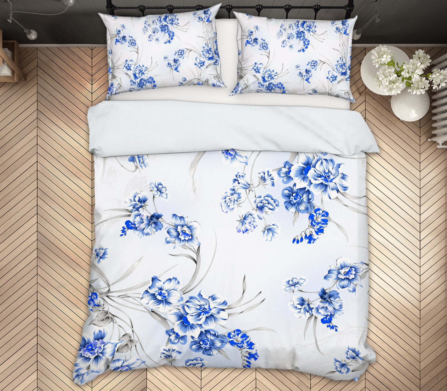 3D Blue Flowers 13094 Bed Pillowcases Quilt