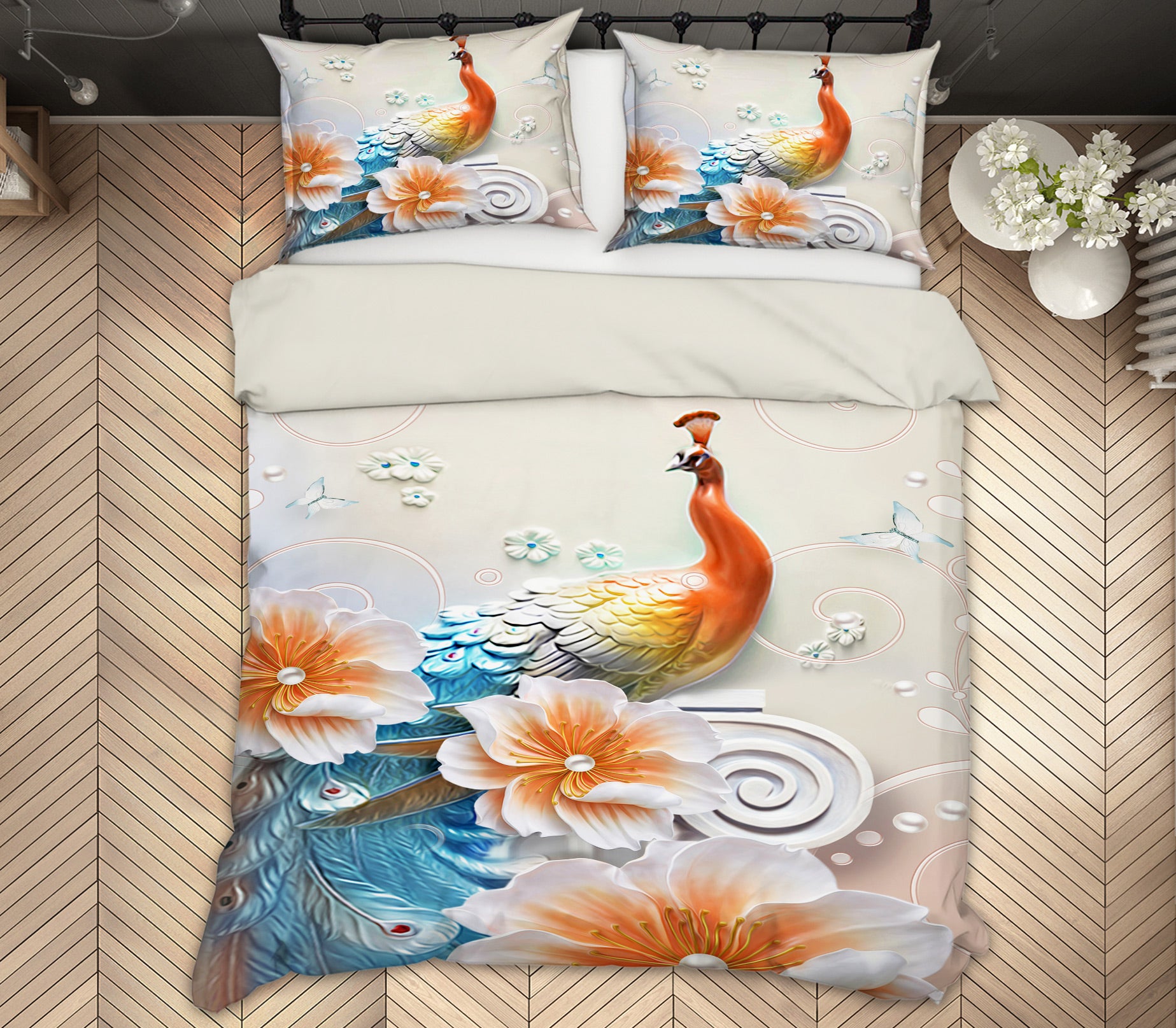 3D Peacock Flowers 13053 Bed Pillowcases Quilt