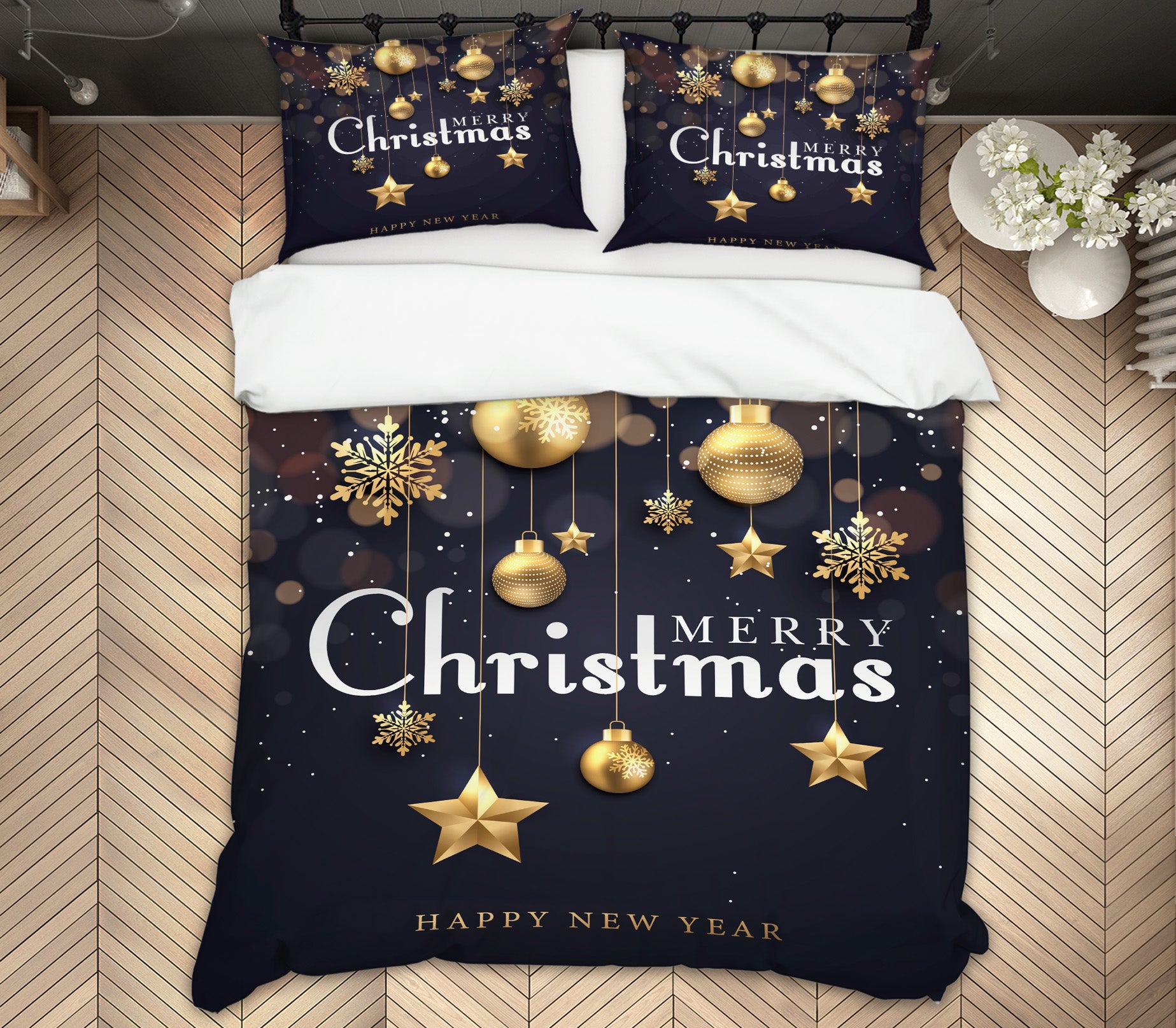 3D Christmas Golden Stars Ball 59001 Bed Pillowcases Quilt