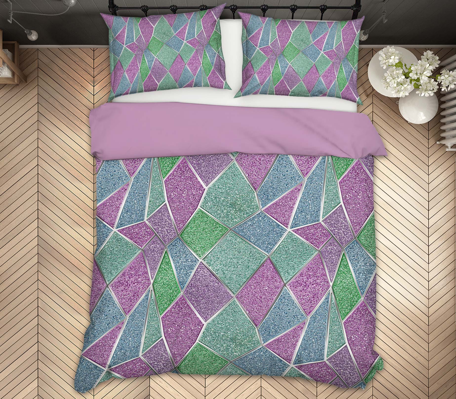3D Purple Green Stitching 14081 Bed Pillowcases Quilt