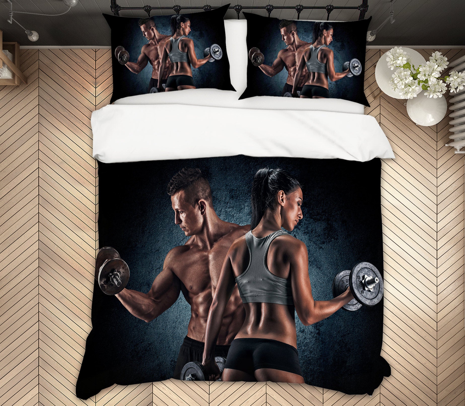 3D Men Women Lifting Dumbbells 14142 Bed Pillowcases Quilt
