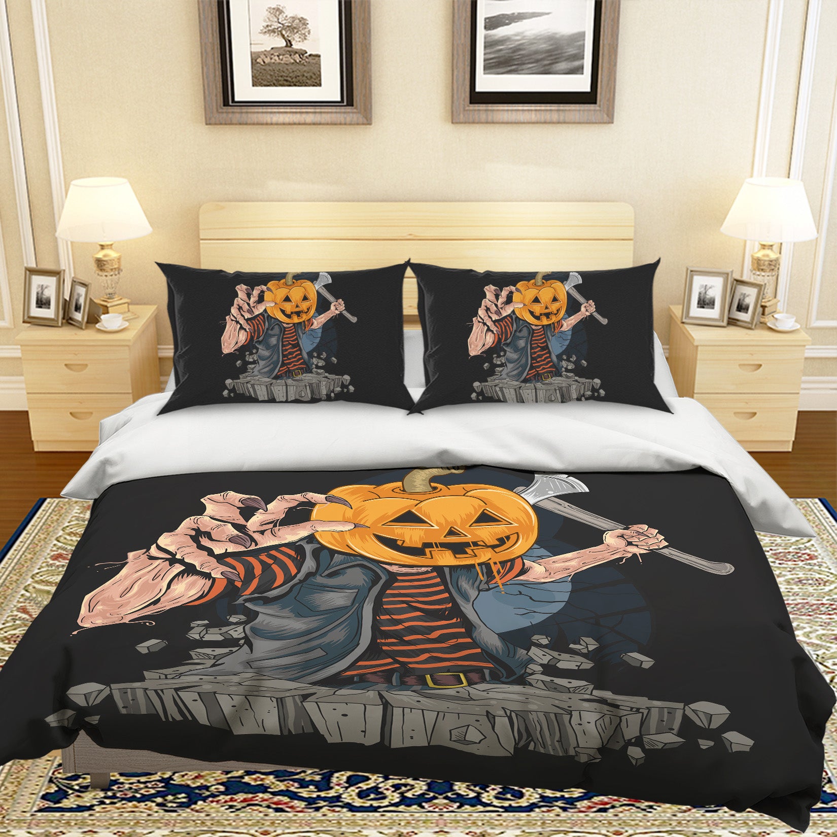 3D Pumpkin Man Hammer 1212 Halloween Bed Pillowcases Quilt Quiet Covers AJ Creativity Home