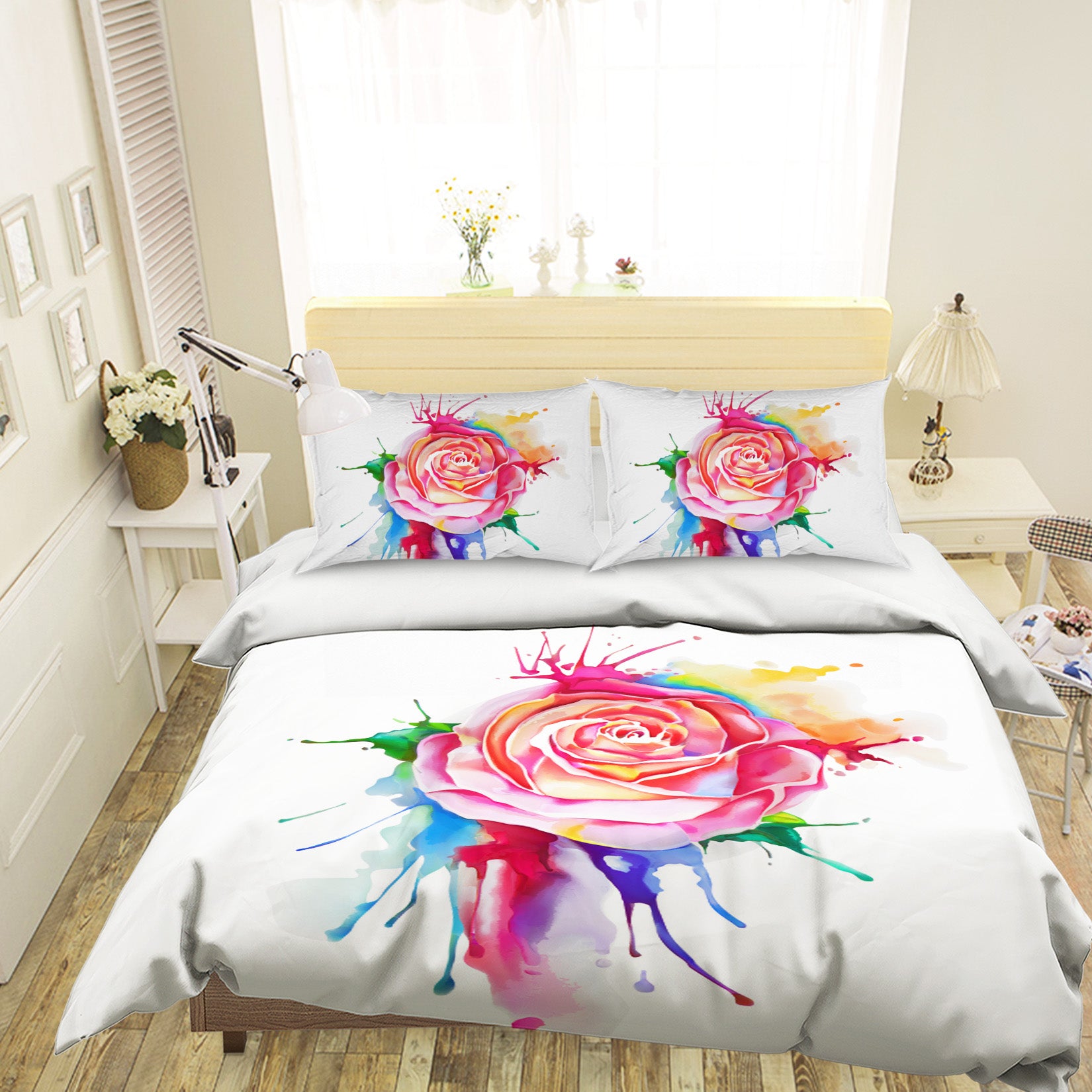3D Colorful Watercolor Roses 58223 Bed Pillowcases Quilt