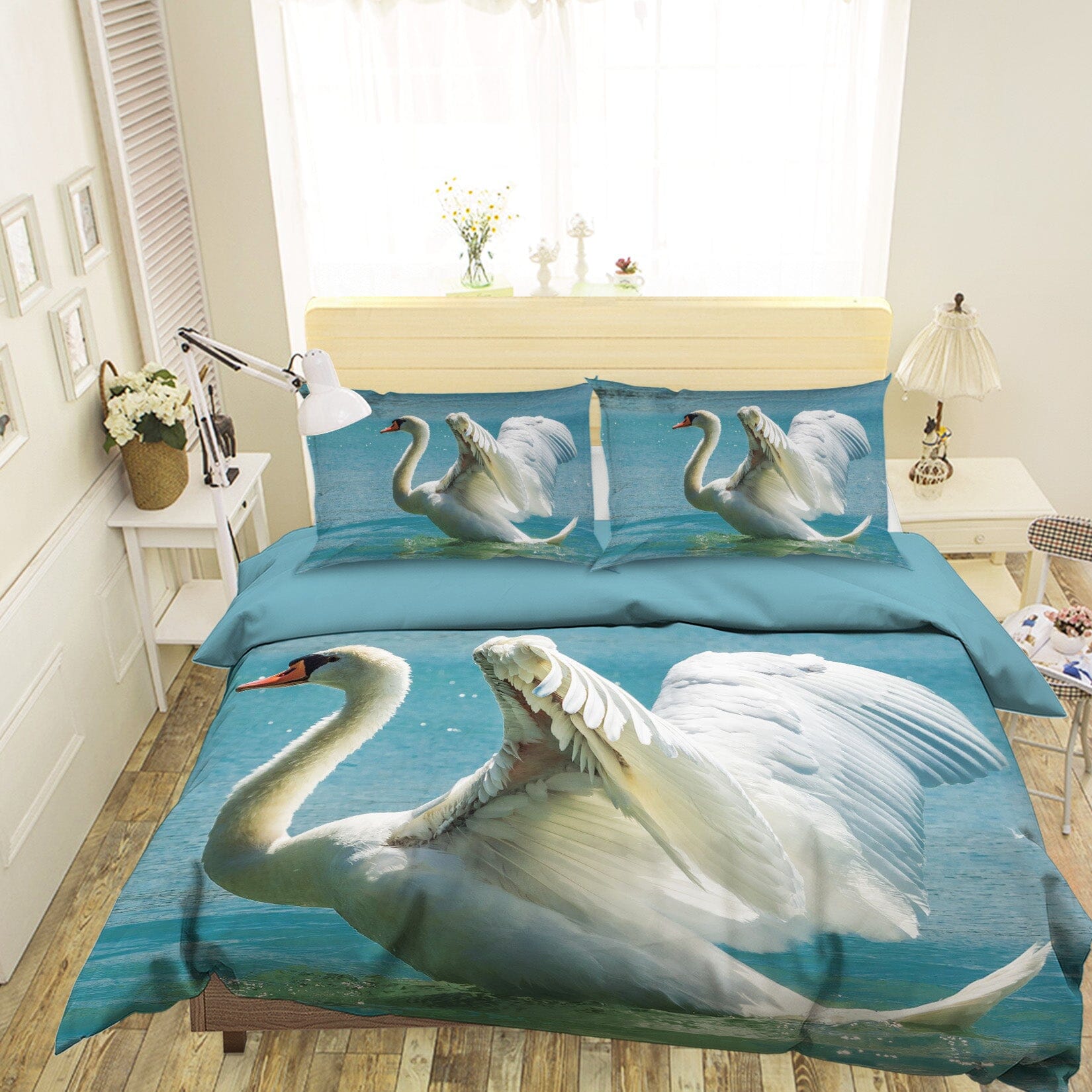 3D White Swan 1945 Bed Pillowcases Quilt Quiet Covers AJ Creativity Home