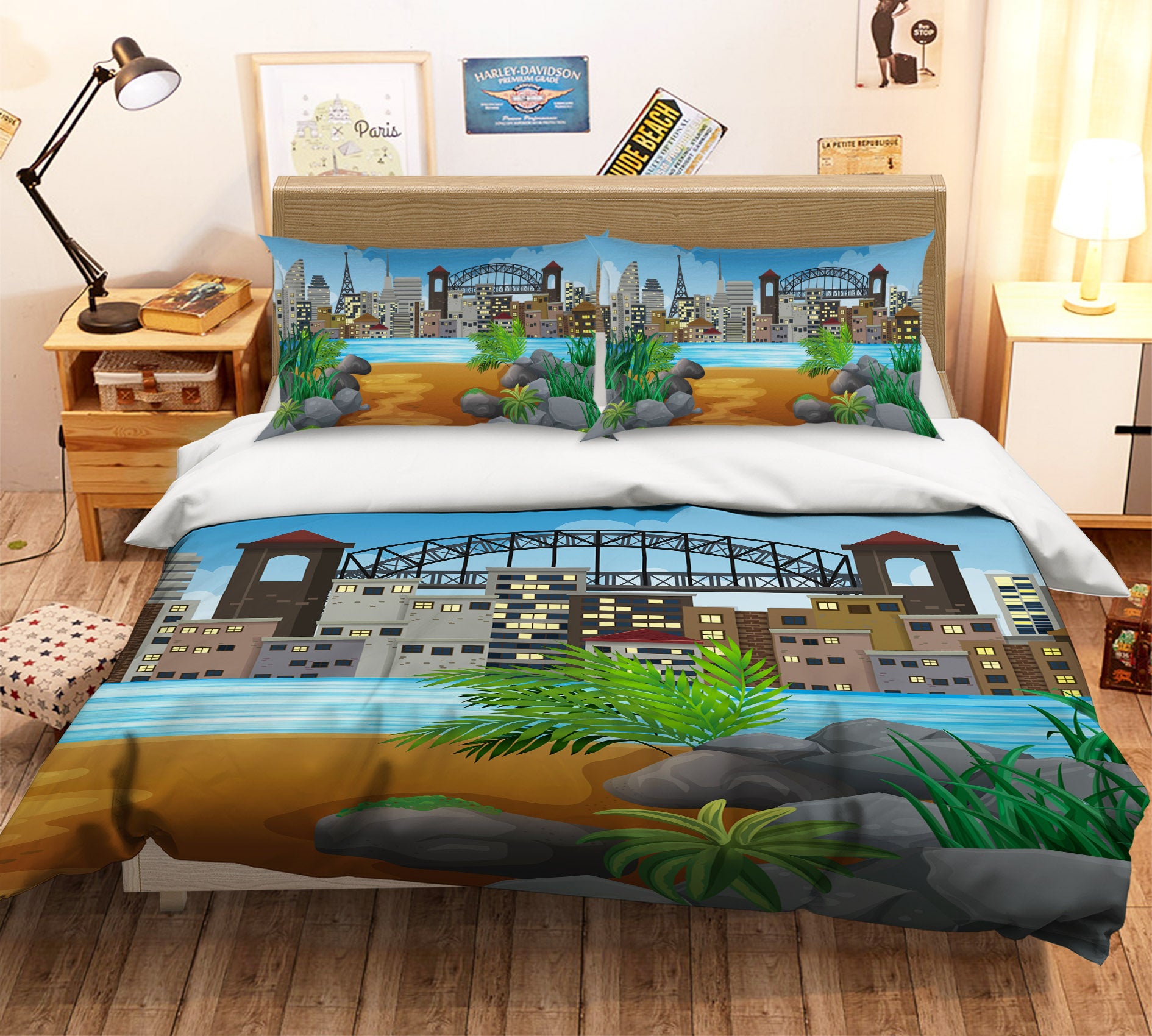 3D Houses River Bridge 19168 Bed Pillowcases Quilt