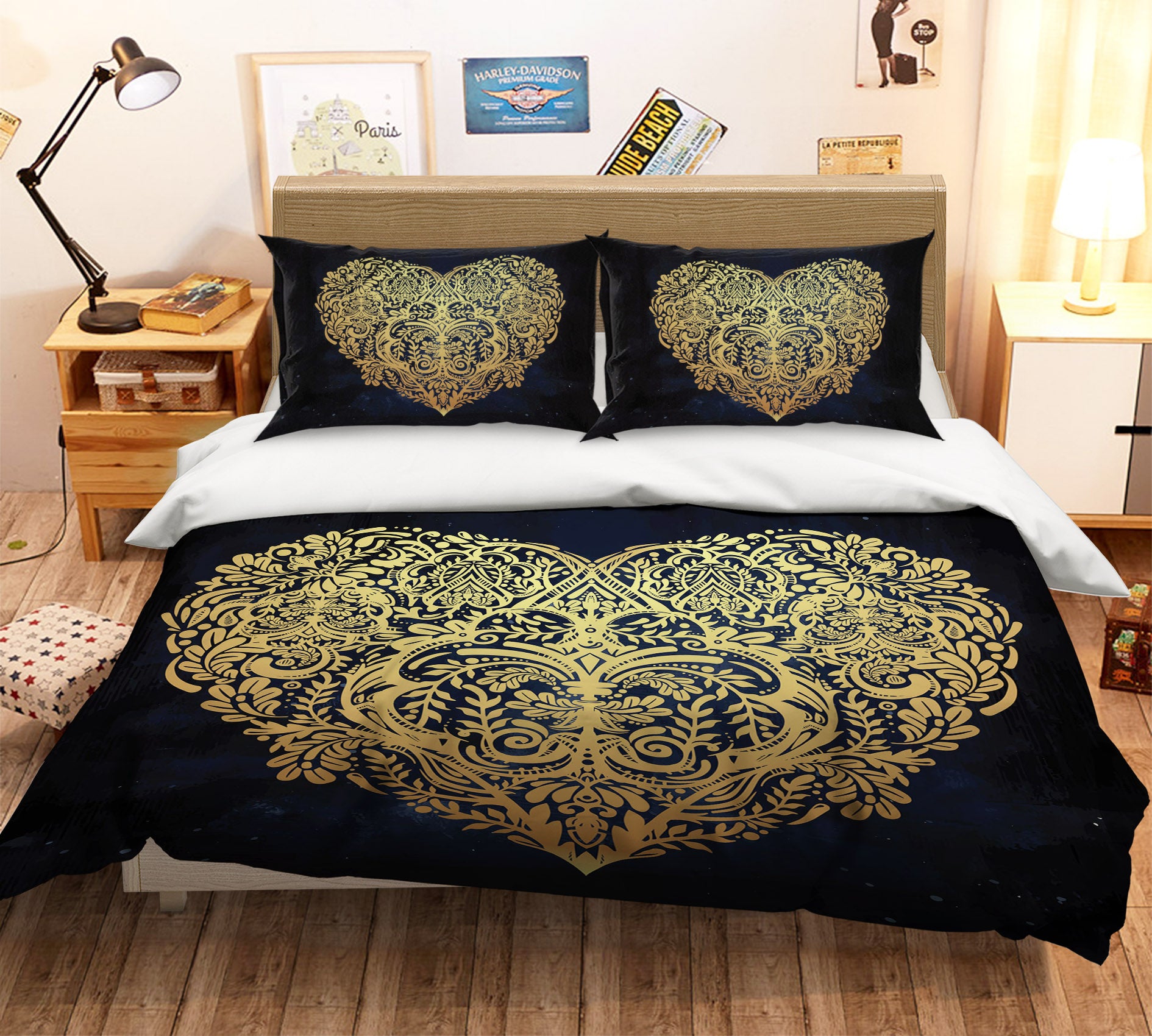 3D Heart Golden Pattern 59065 Bed Pillowcases Quilt