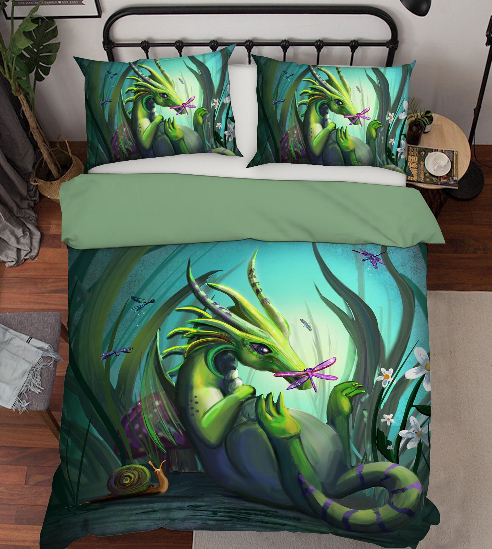 3D Green Dragon 102 Rose Catherine Khan Bedding Bed Pillowcases Quilt Quiet Covers AJ Creativity Home
