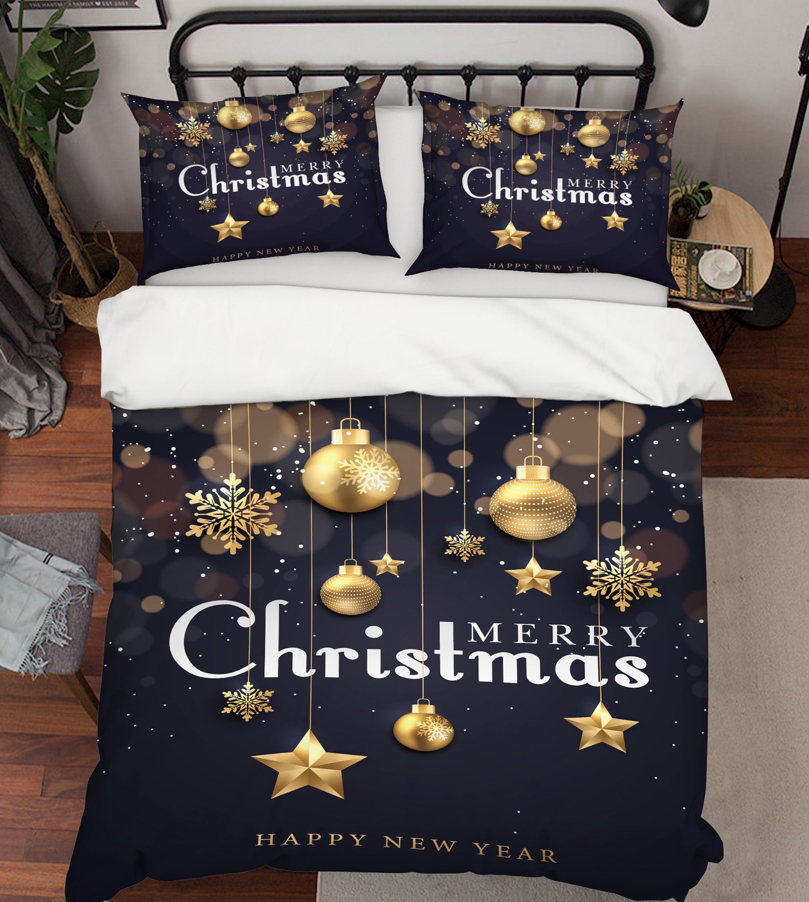 3D Christmas Golden Stars Ball 59001 Bed Pillowcases Quilt