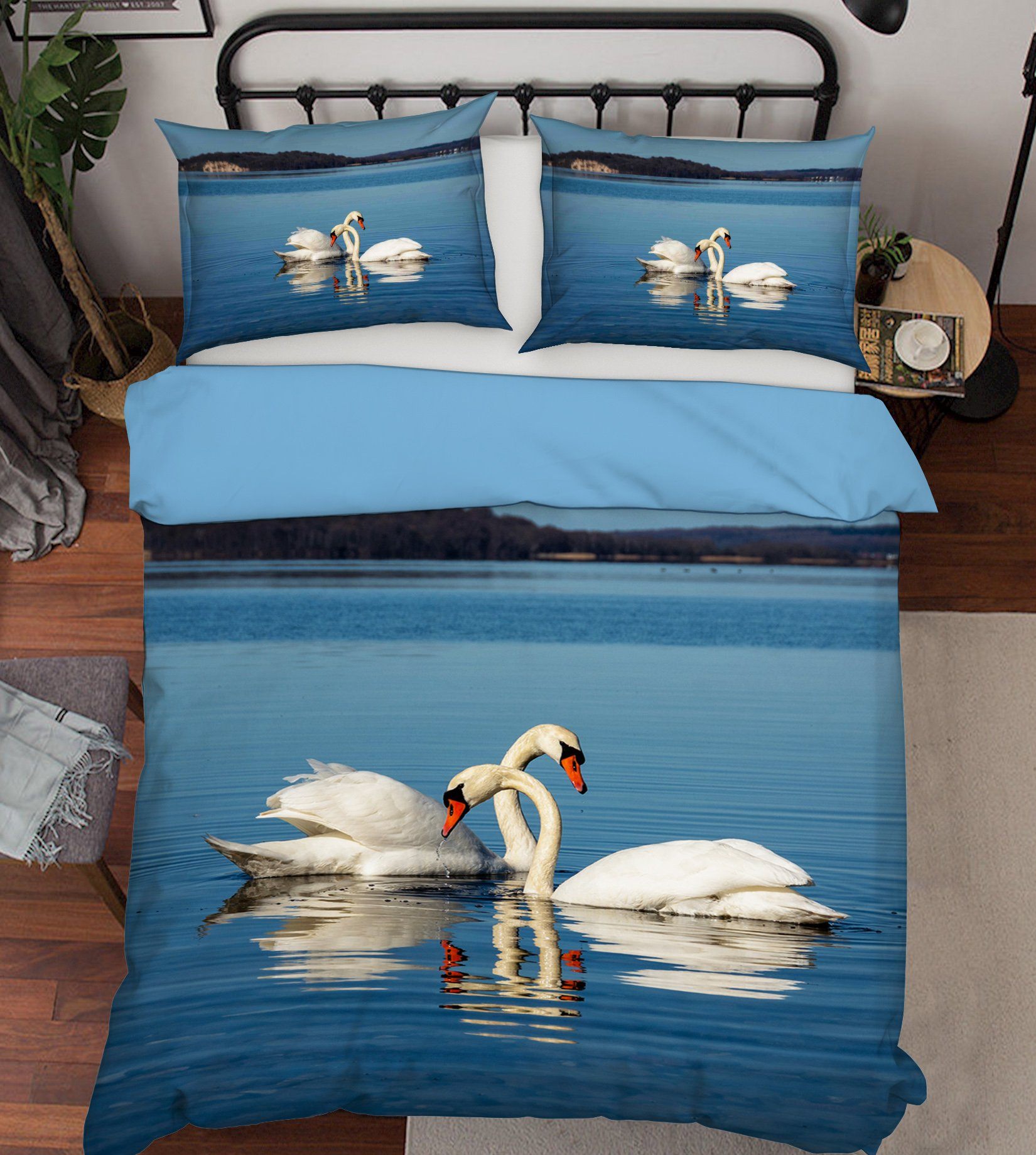 3D Swan Playing 2001 Bed Pillowcases Quilt Quiet Covers AJ Creativity Home