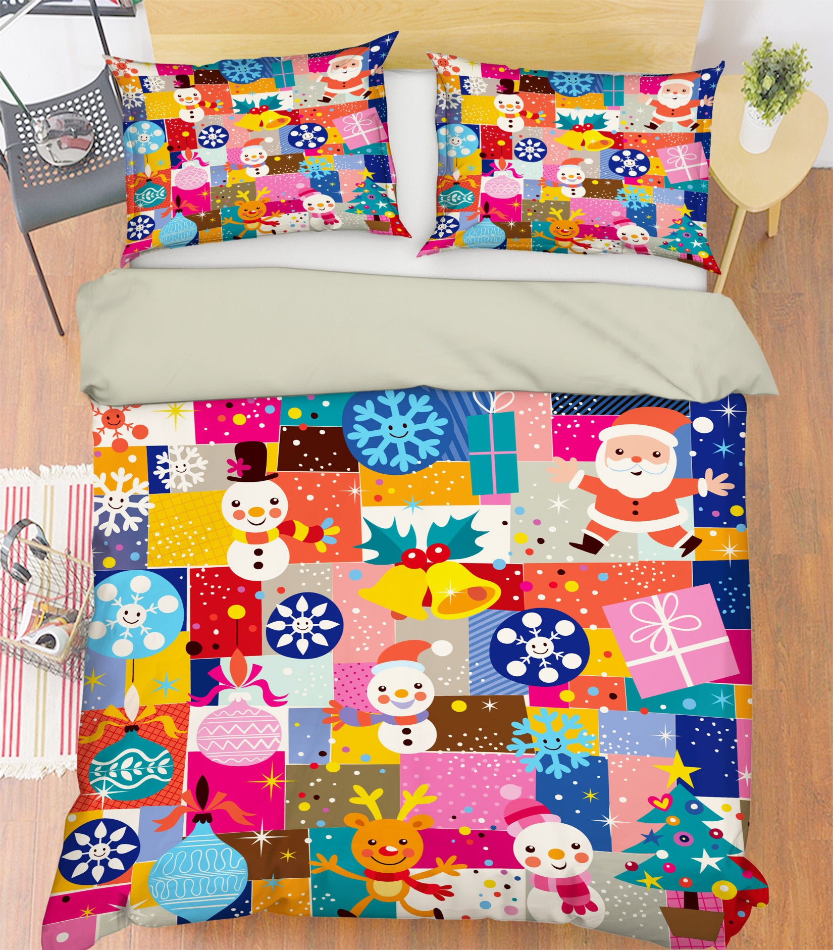 3D Snowman Snowflake Colored Square 50013 Christmas Quilt Duvet Cover Xmas Bed Pillowcases