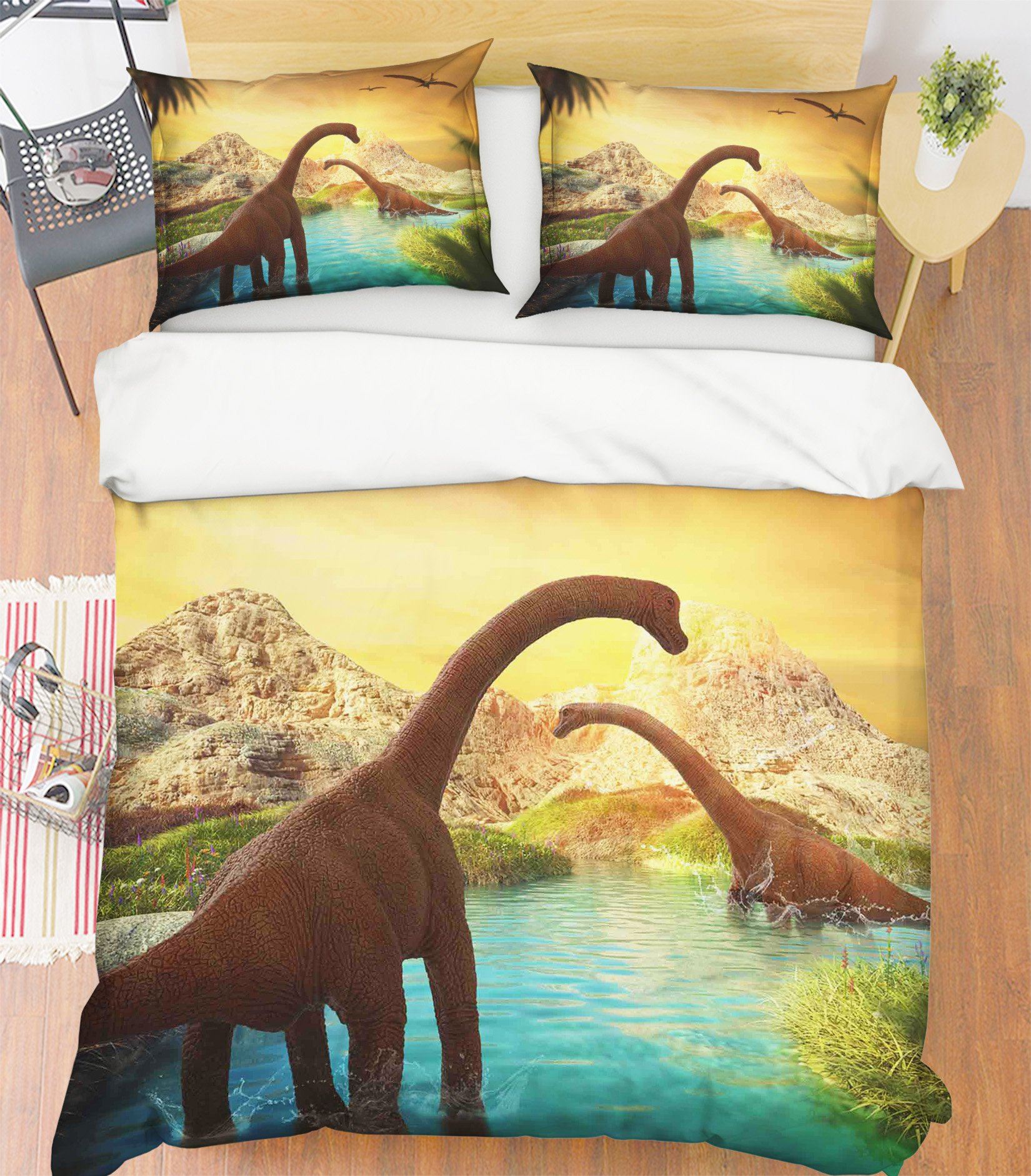 3D Sunset Brontosaurus 092 Bed Pillowcases Quilt Wallpaper AJ Wallpaper