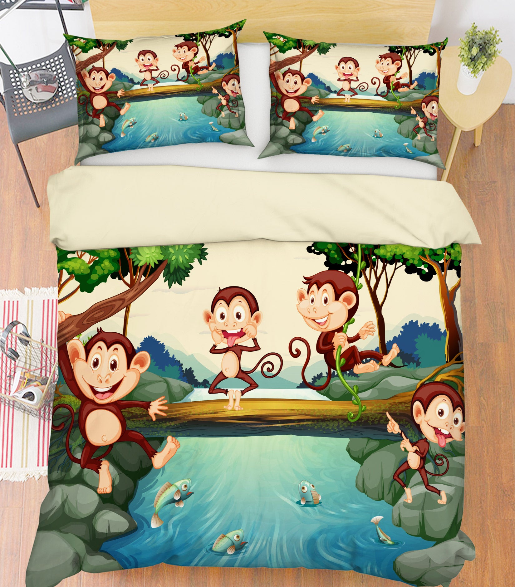 3D Wooden Bridge River Monkey 60060 Bed Pillowcases Quilt