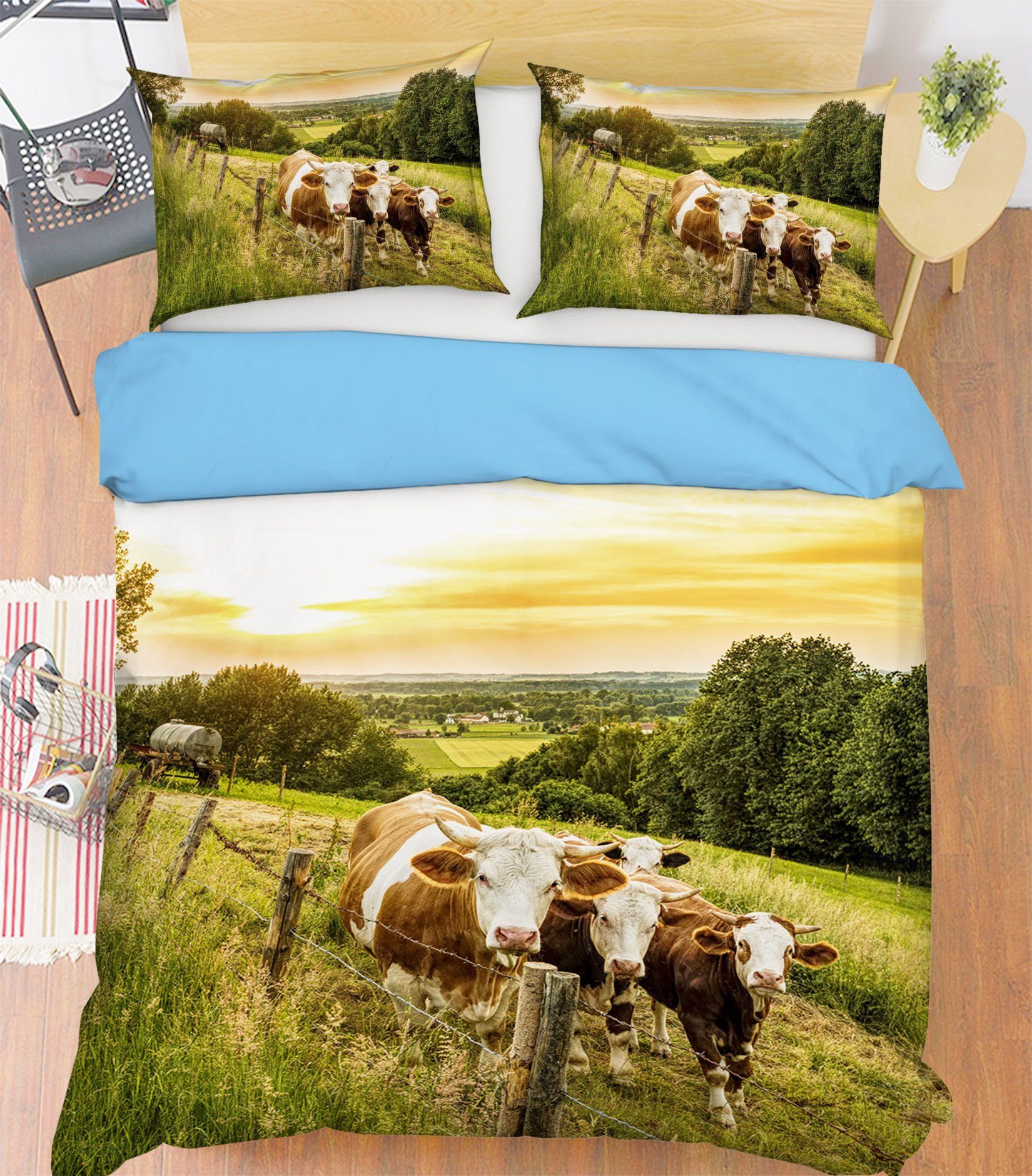 3D Cow Grazing 1930 Bed Pillowcases Quilt Quiet Covers AJ Creativity Home