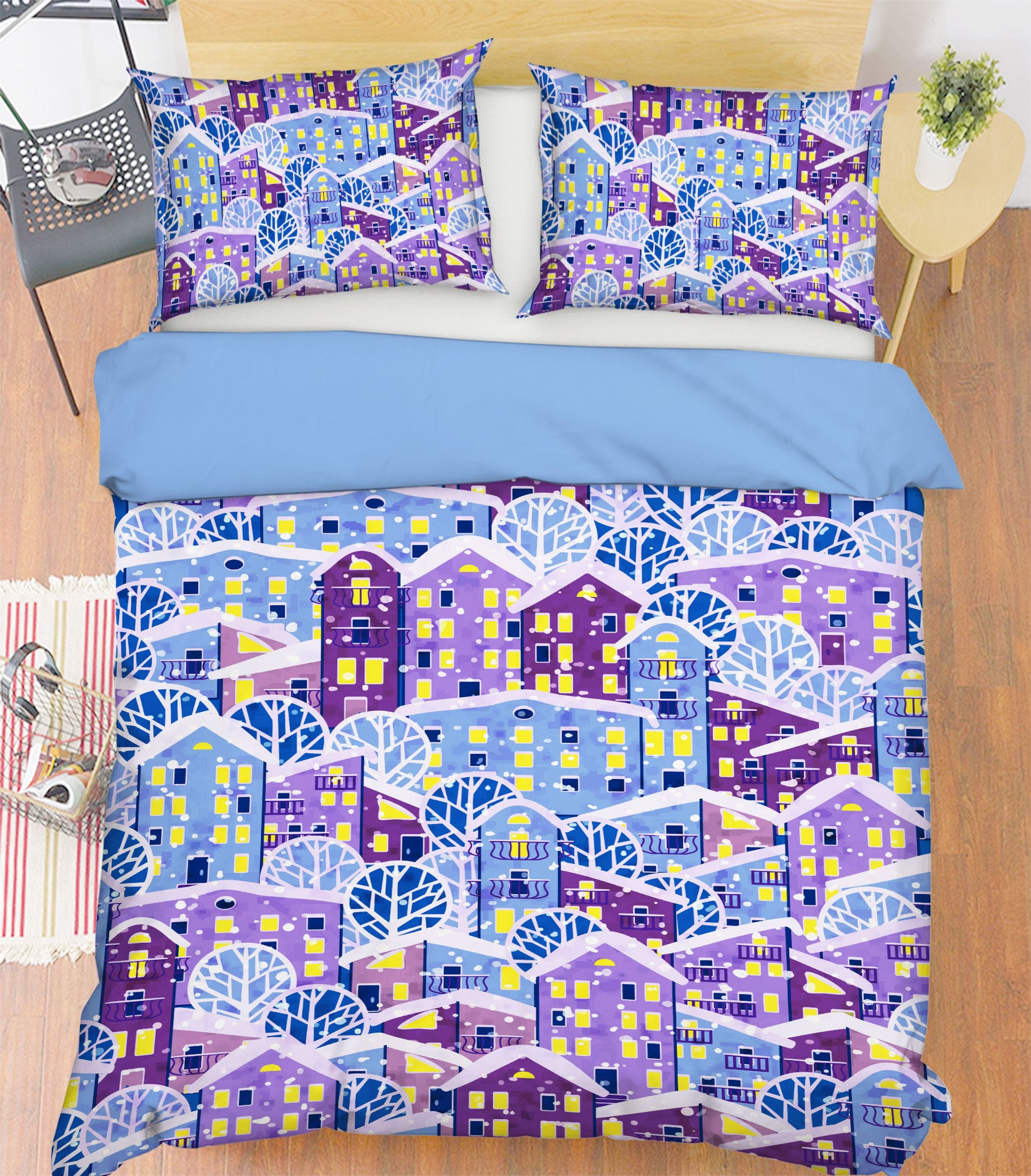 3D Purple Blue House 13171 Bed Pillowcases Quilt