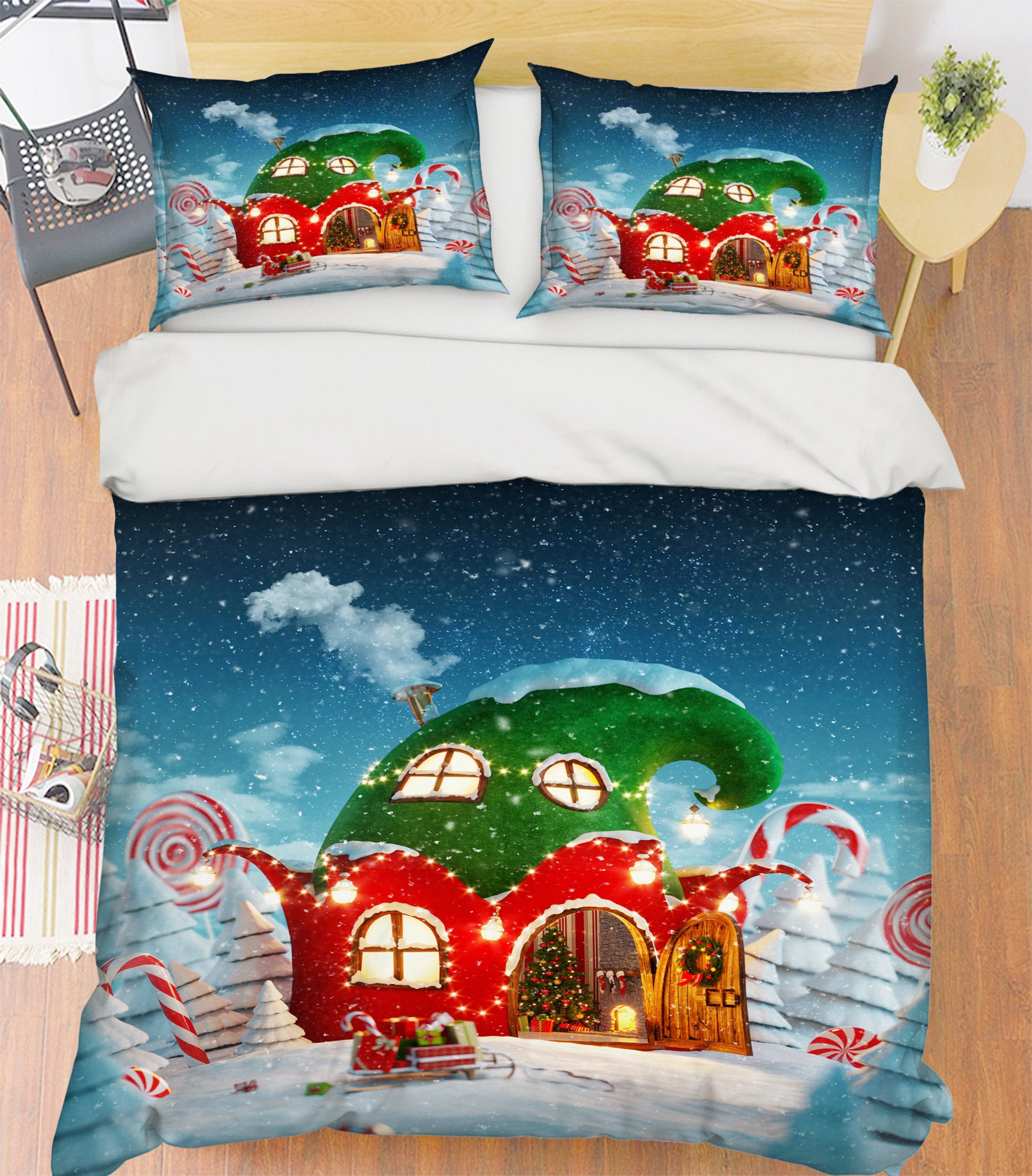 3D Snow Red Green Cabin 51001 Christmas Quilt Duvet Cover Xmas Bed Pillowcases