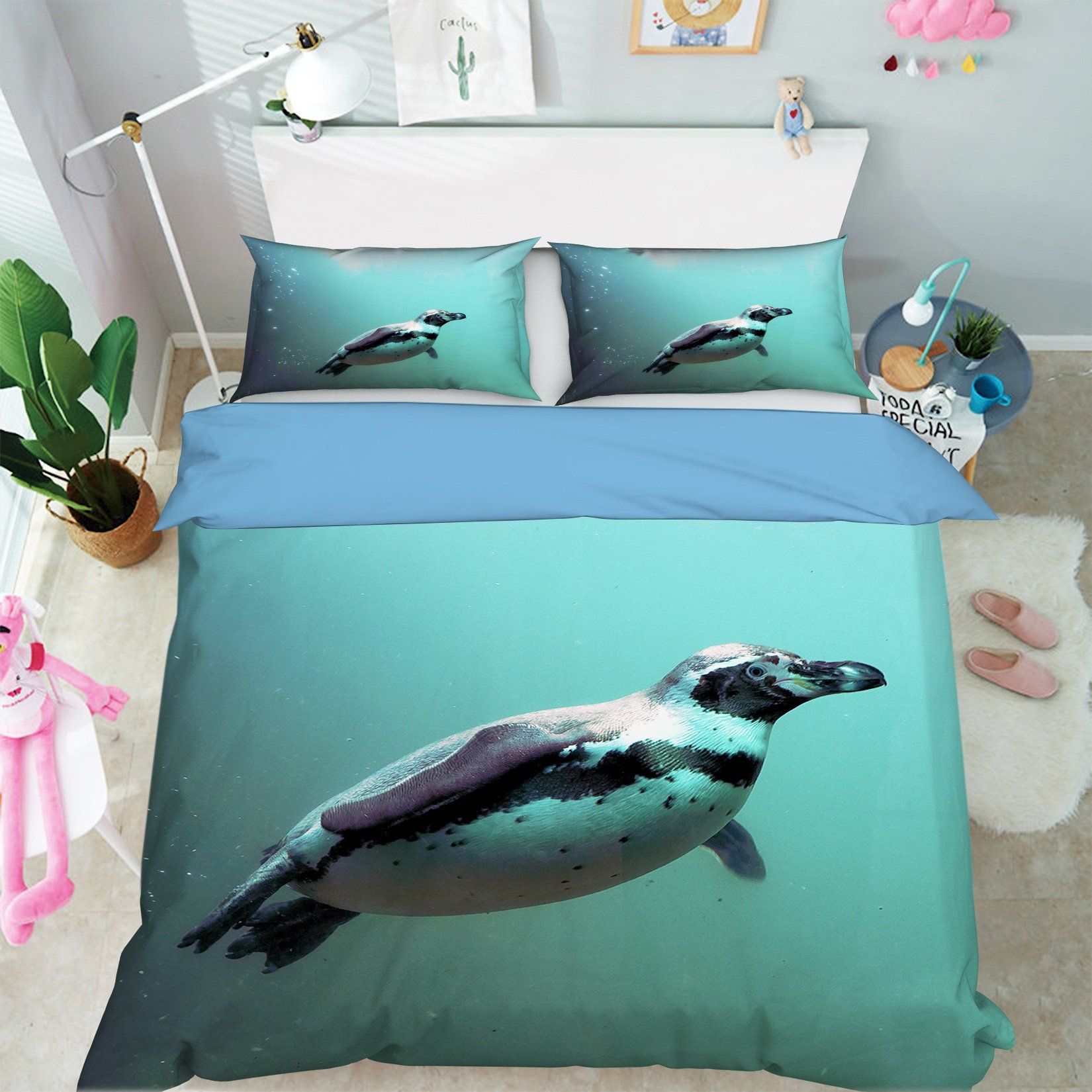3D Swimming Penguin 1983 Bed Pillowcases Quilt Quiet Covers AJ Creativity Home