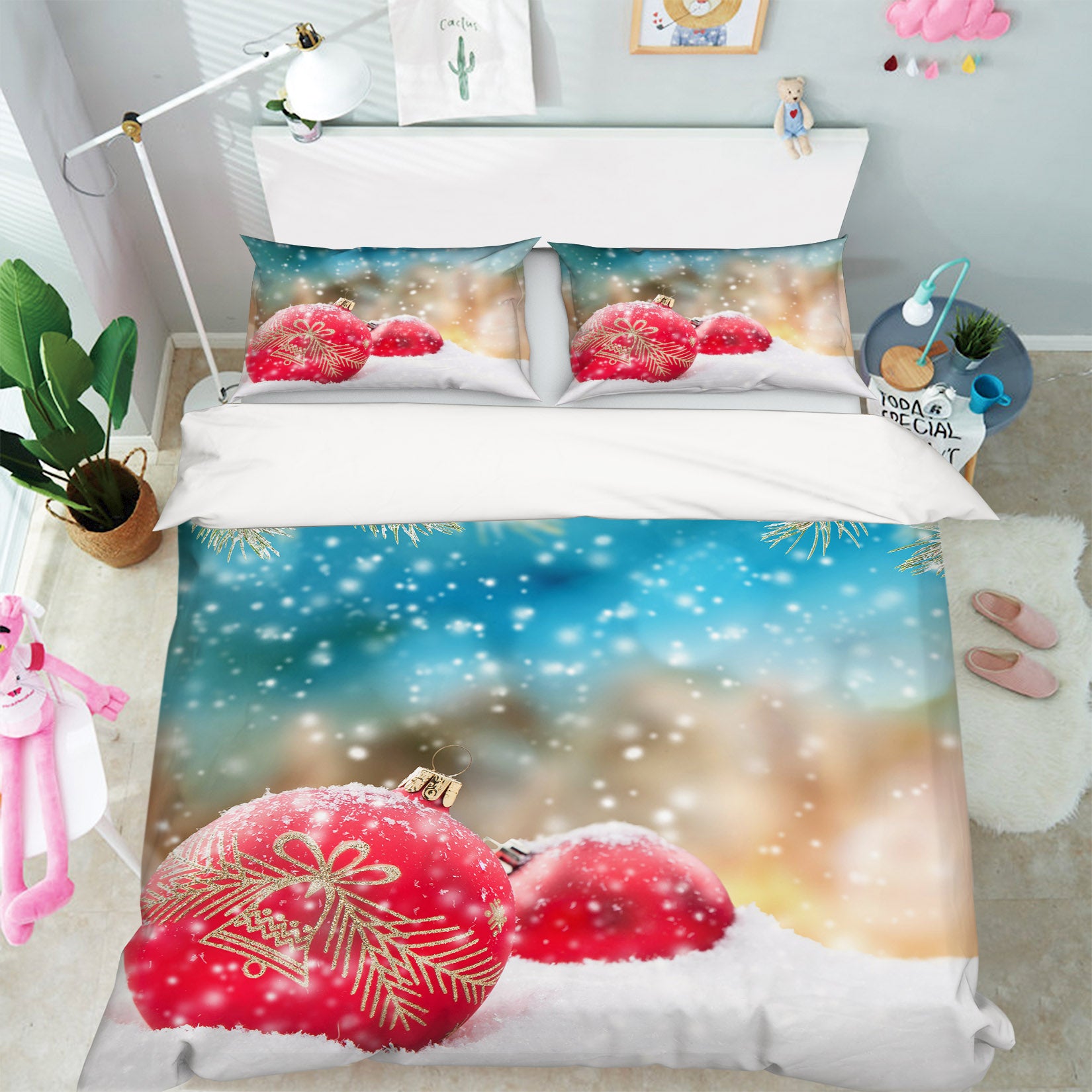 3D Snow Red Ball Pendant 51093 Christmas Quilt Duvet Cover Xmas Bed Pillowcases