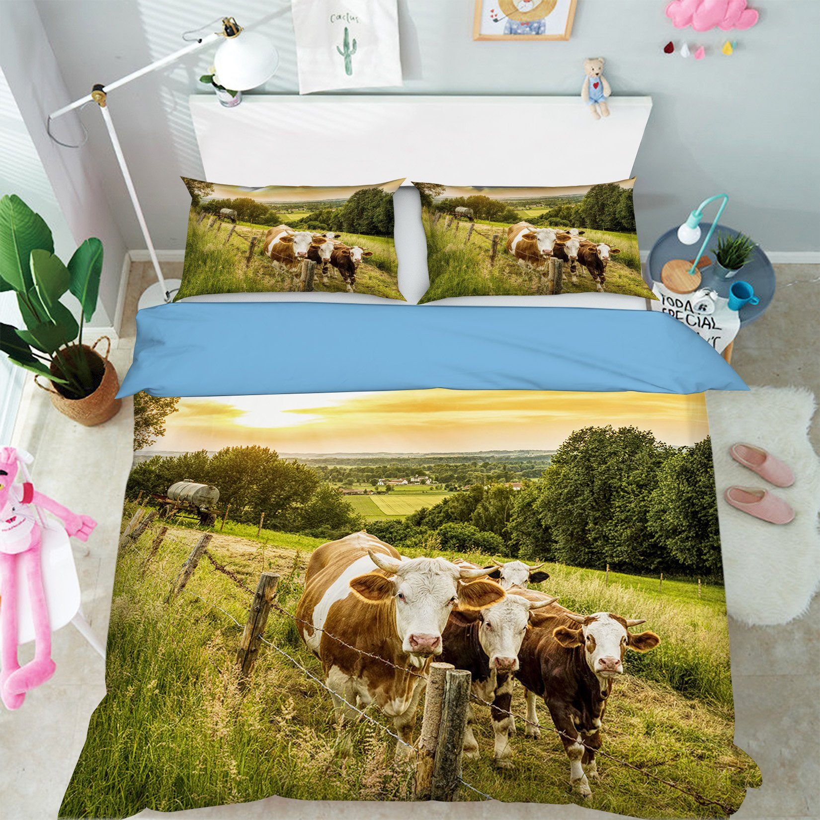3D Cow Grazing 1930 Bed Pillowcases Quilt Quiet Covers AJ Creativity Home