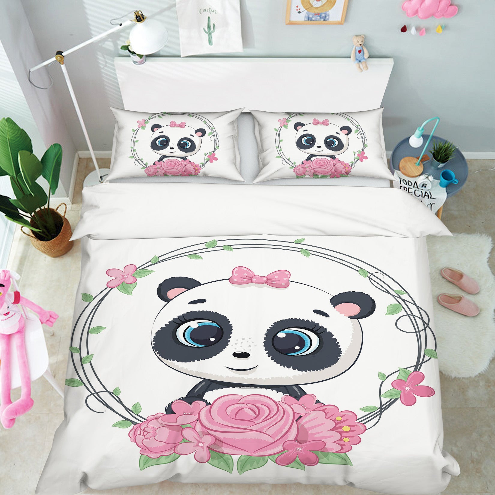 3D Pink Flower Panda 59056 Bed Pillowcases Quilt
