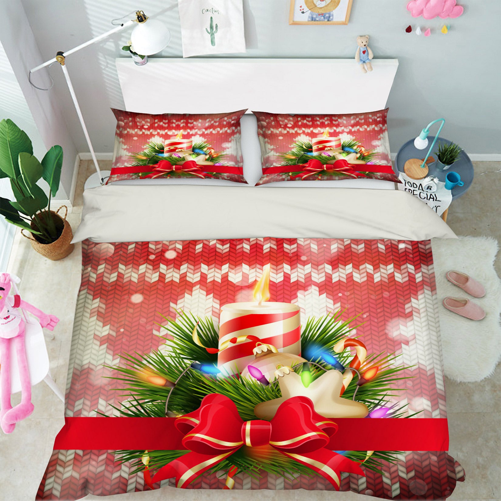 3D Candle Bowknot 50020 Christmas Quilt Duvet Cover Xmas Bed Pillowcases