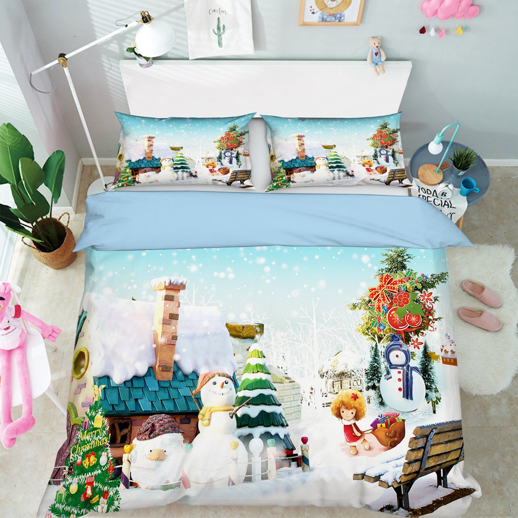 3D Christmas House Snow Tree 7 Bed Pillowcases Quilt Quiet Covers AJ Creativity Home