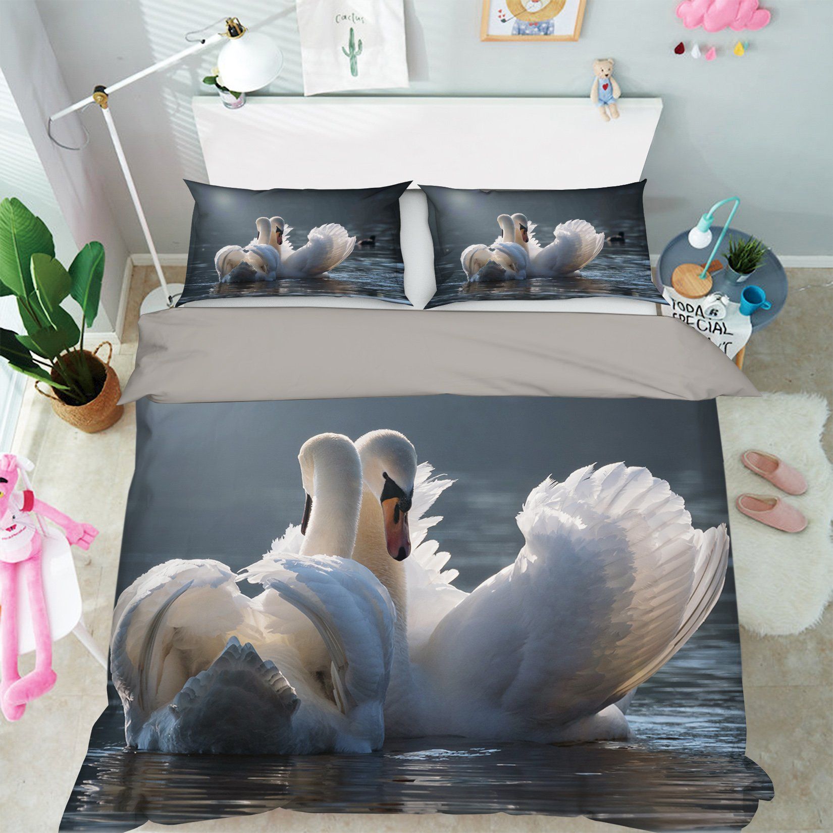 3D Swan 1997 Bed Pillowcases Quilt Quiet Covers AJ Creativity Home