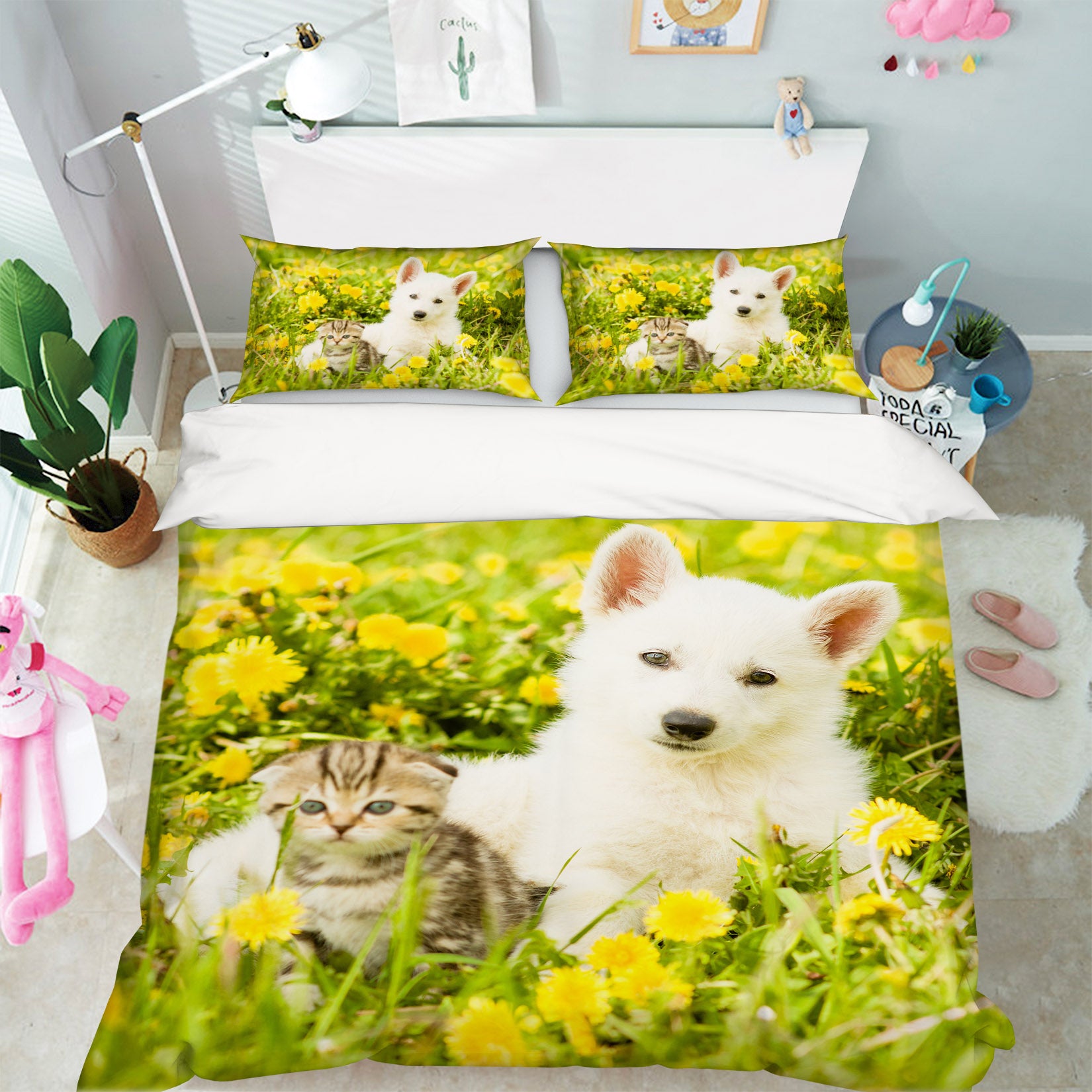 3D White Dog Cat 15054 Bed Pillowcases Quilt