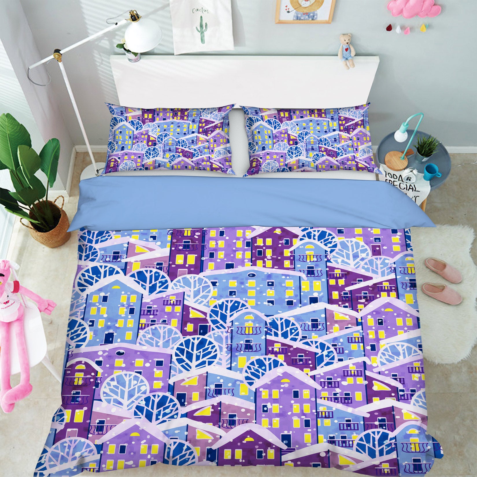 3D Purple Blue House 13171 Bed Pillowcases Quilt