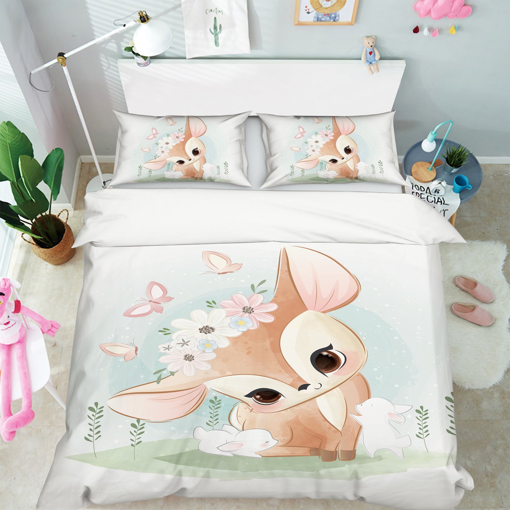 3D Deer Flowers Butterfly 59013 Bed Pillowcases Quilt