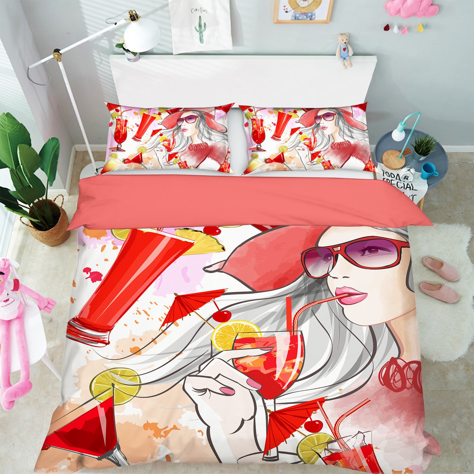 3D Red Drink Woman 036 Bed Pillowcases Quilt