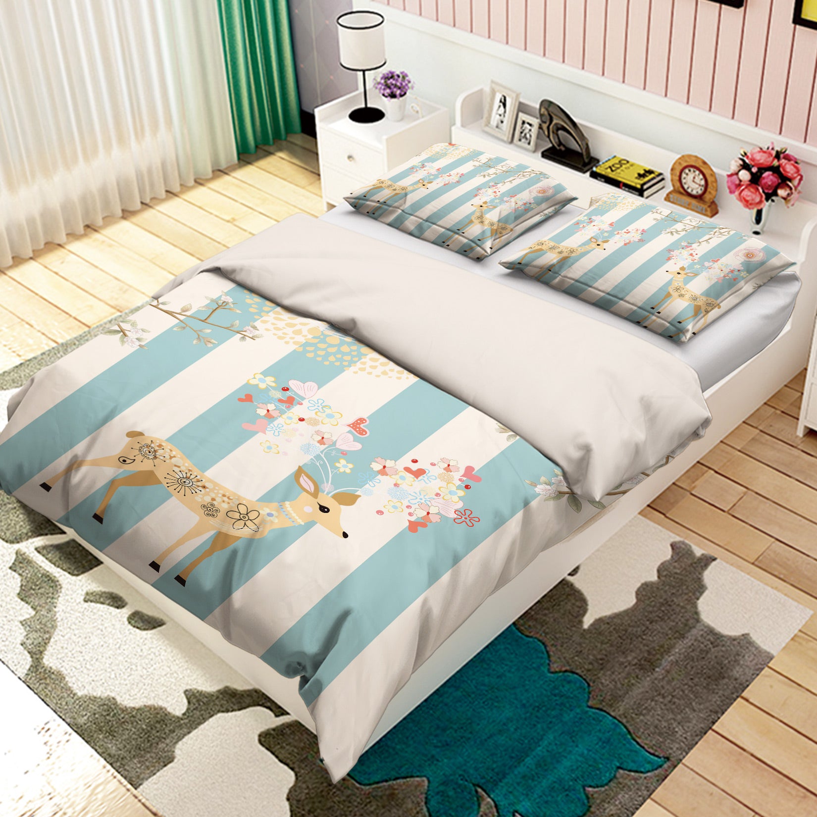 3D Deer Blue Strips 12054 Bed Pillowcases Quilt