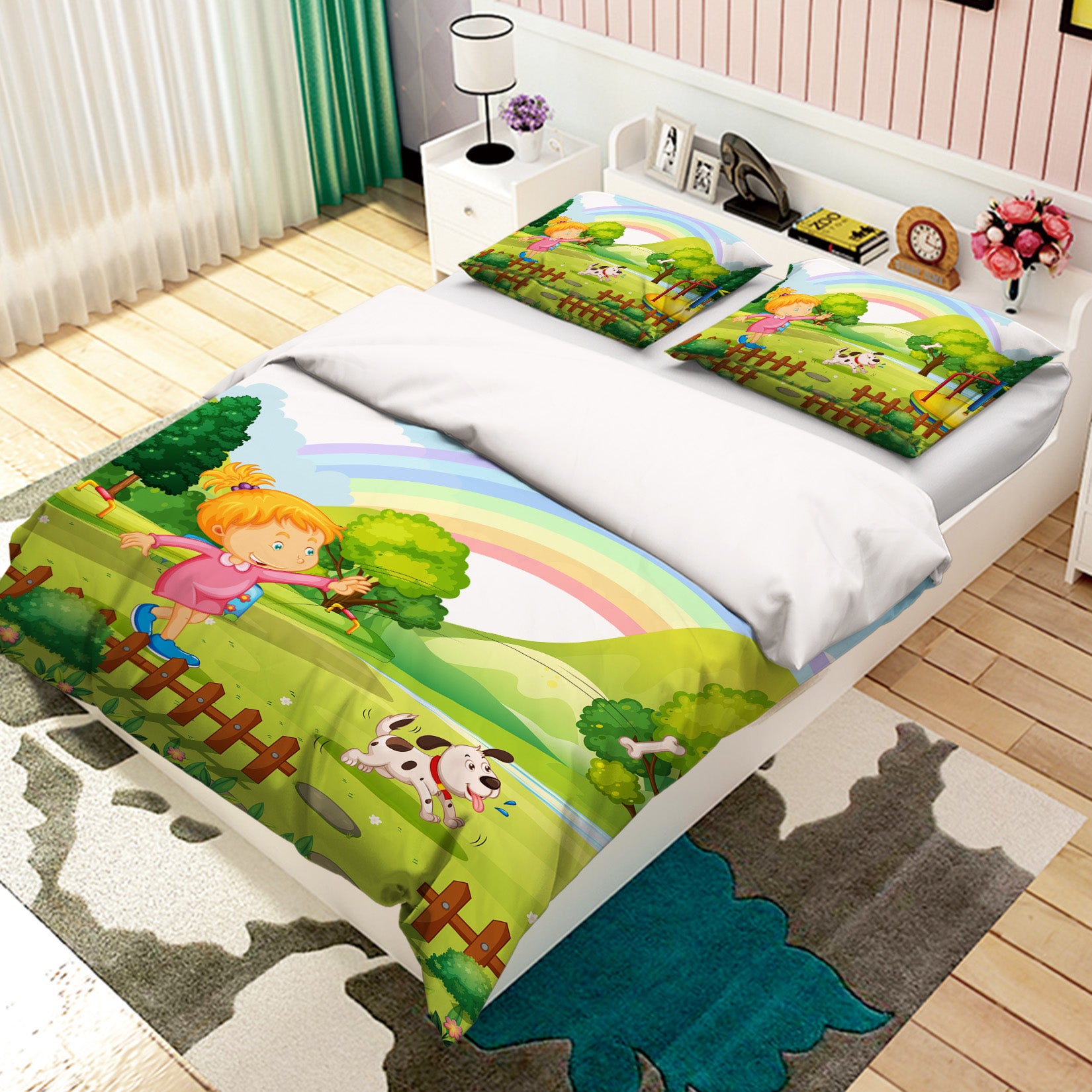 3D Girl Rainbow Puppy 19164 Bed Pillowcases Quilt