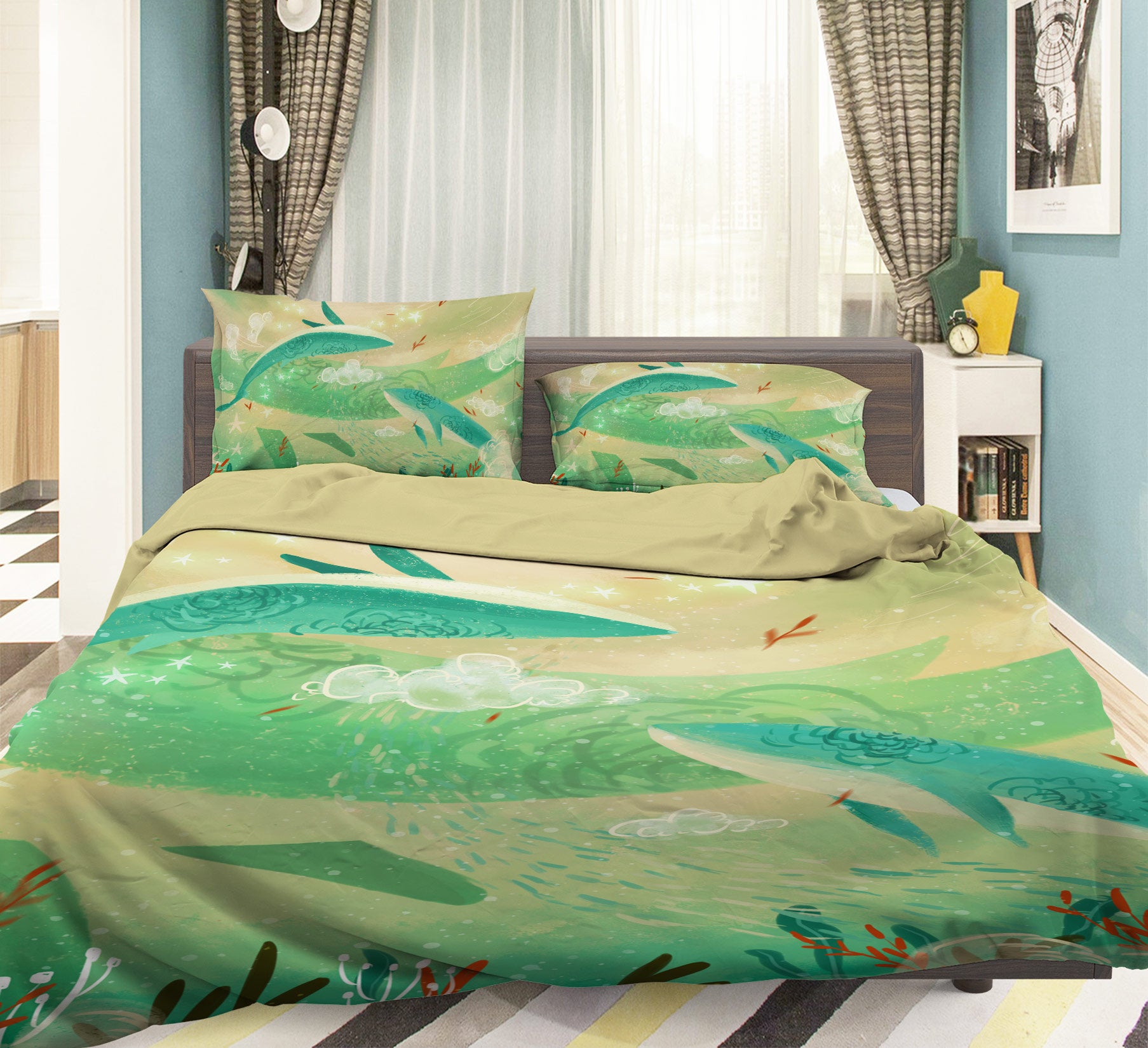 3D Green Whale 12011 Bed Pillowcases Quilt