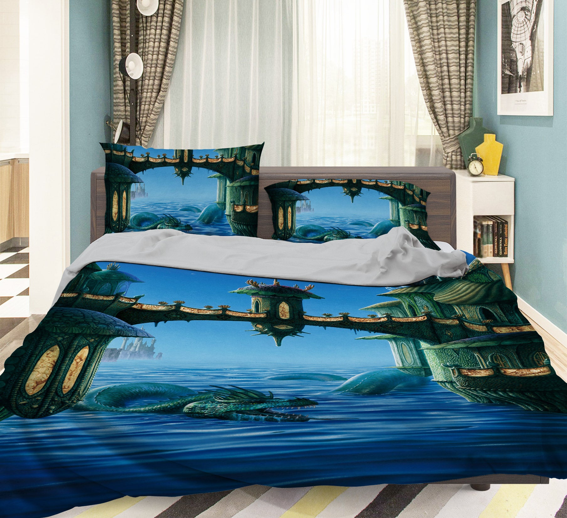 3D River Dragon Bridge 6182 Ciruelo Bedding Bed Pillowcases Quilt