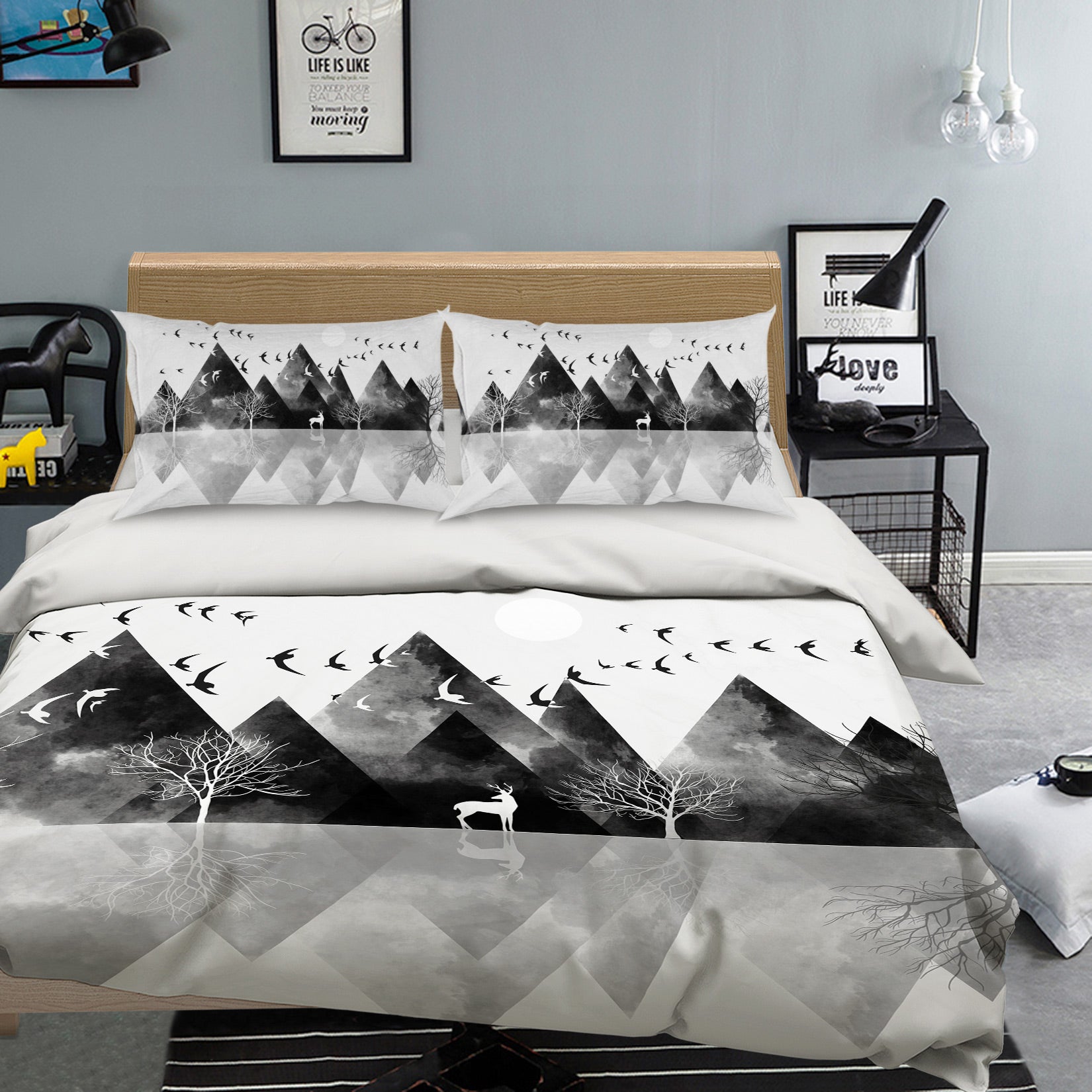 3D White Black Mountain Deer 12065 Bed Pillowcases Quilt