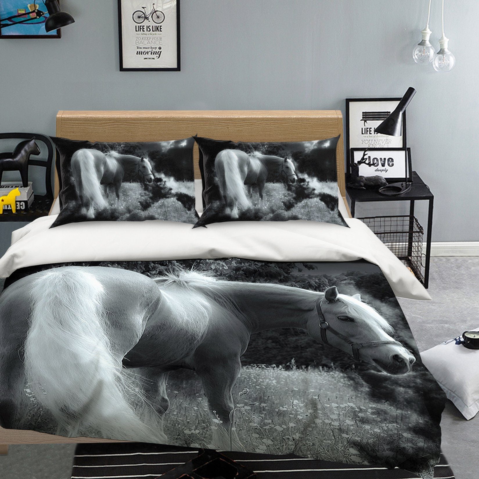 3D Grey Horse 1956 Bed Pillowcases Quilt Quiet Covers AJ Creativity Home