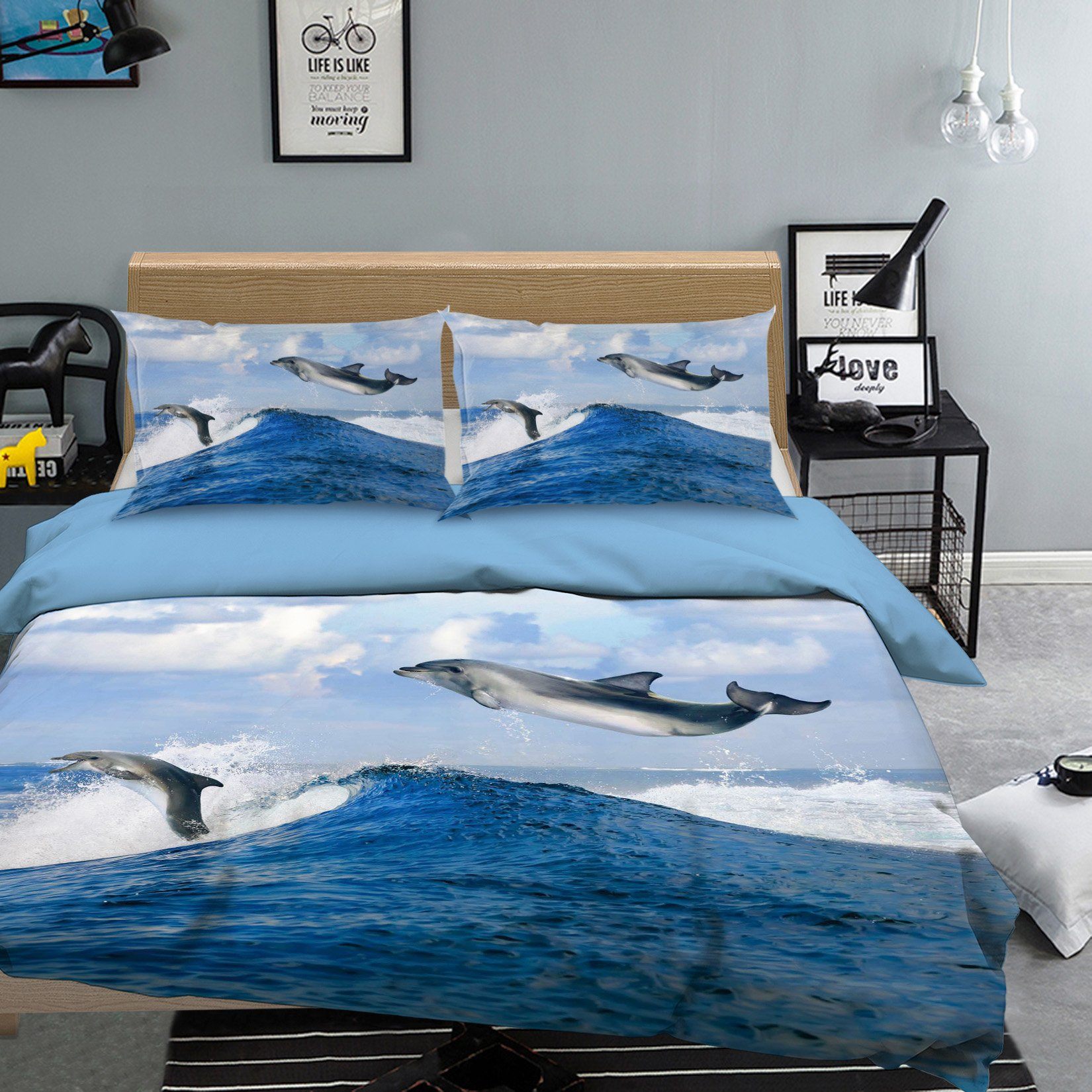 3D Flying Dolphins 008 Bed Pillowcases Quilt Wallpaper AJ Wallpaper