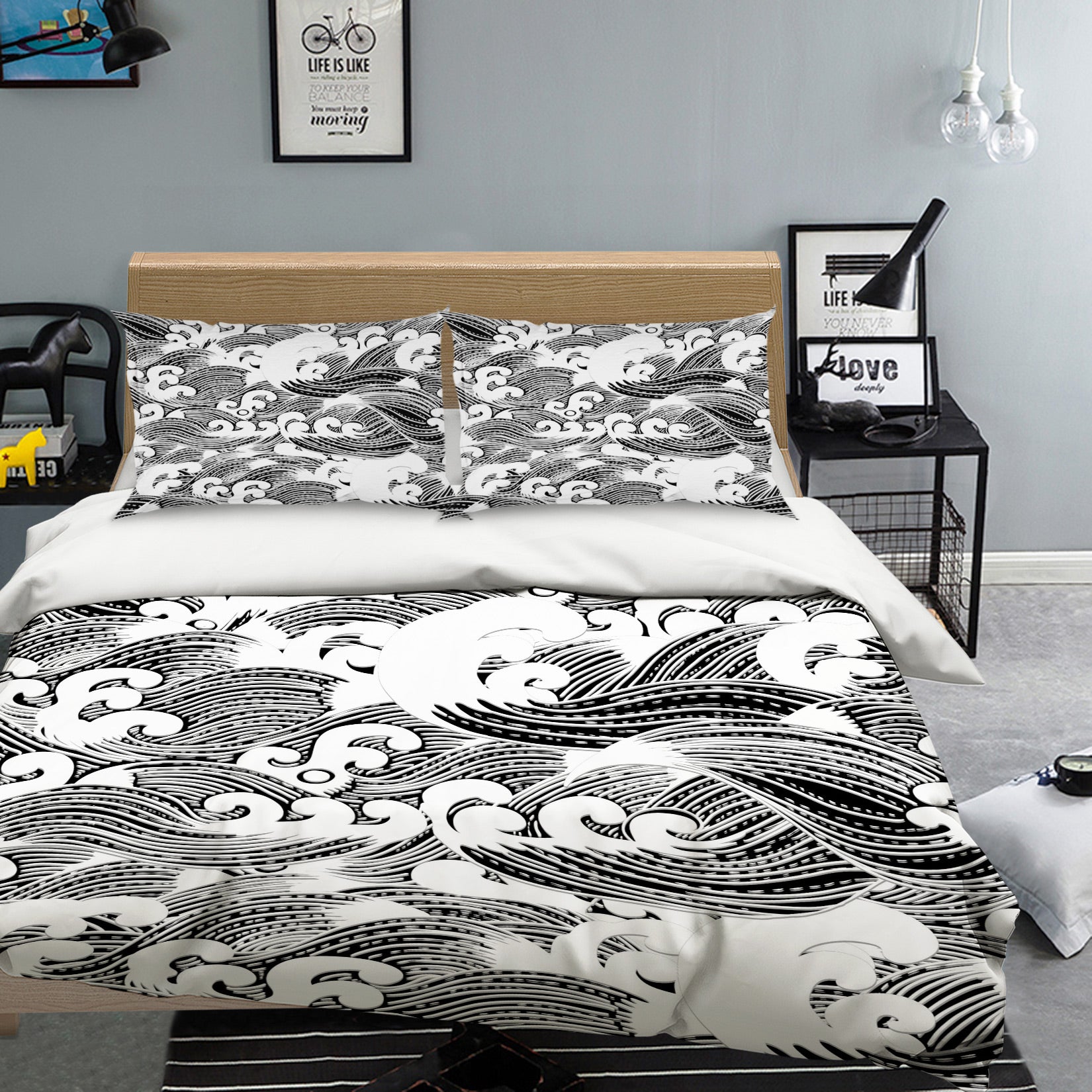 3D Black White Waves 59093 Bed Pillowcases Quilt