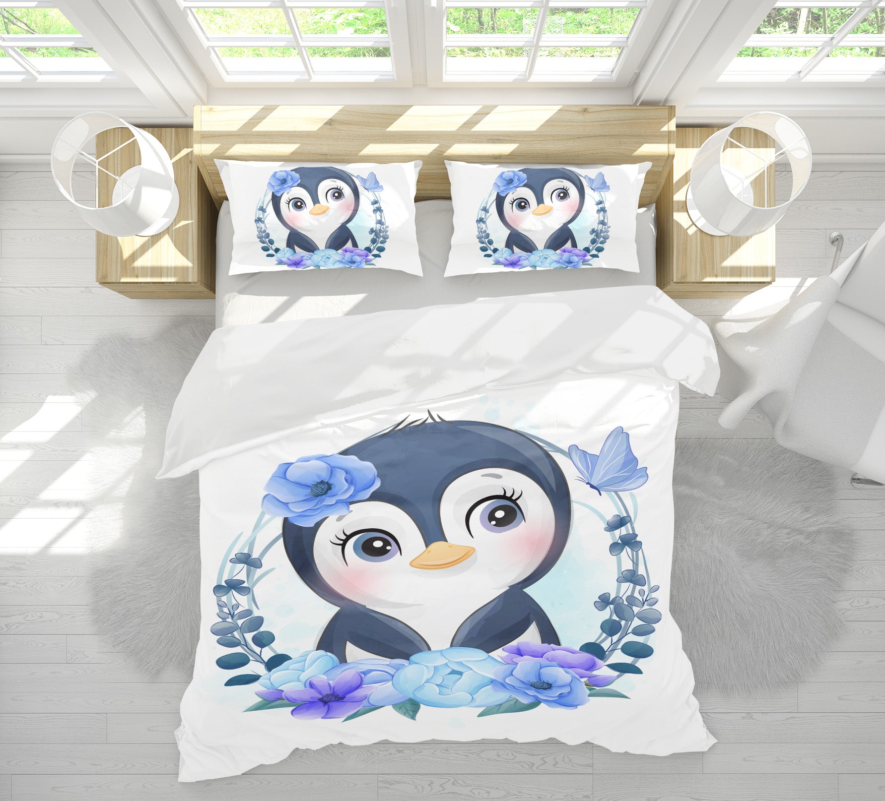 3D Blue Flower Penguin 58230 Bed Pillowcases Quilt