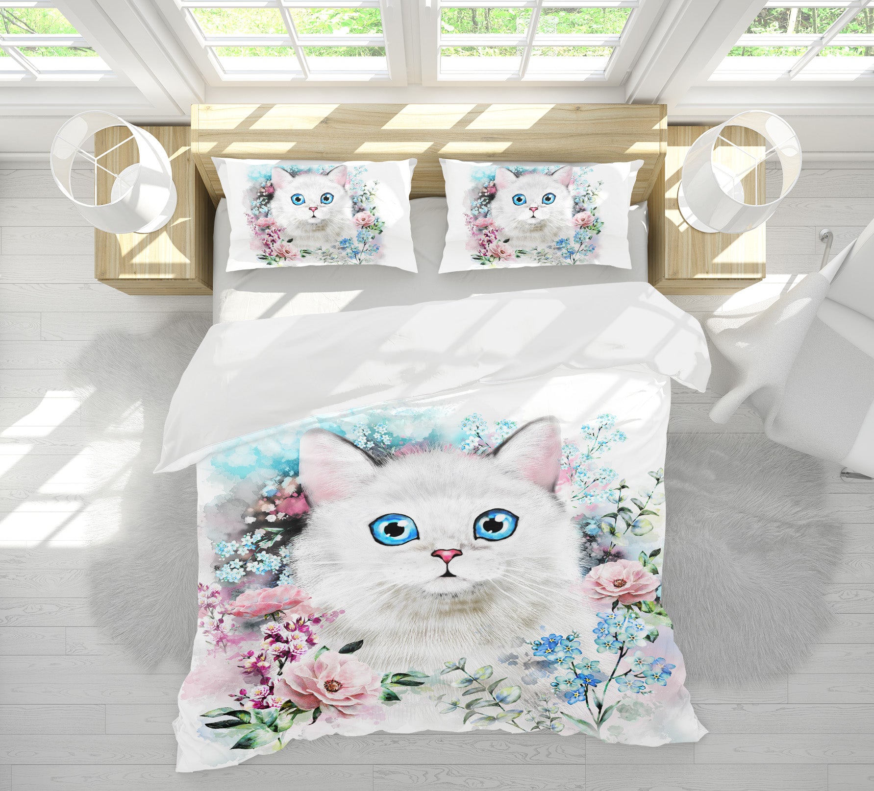 3D White Cat Flowers 15057 Bed Pillowcases Quilt