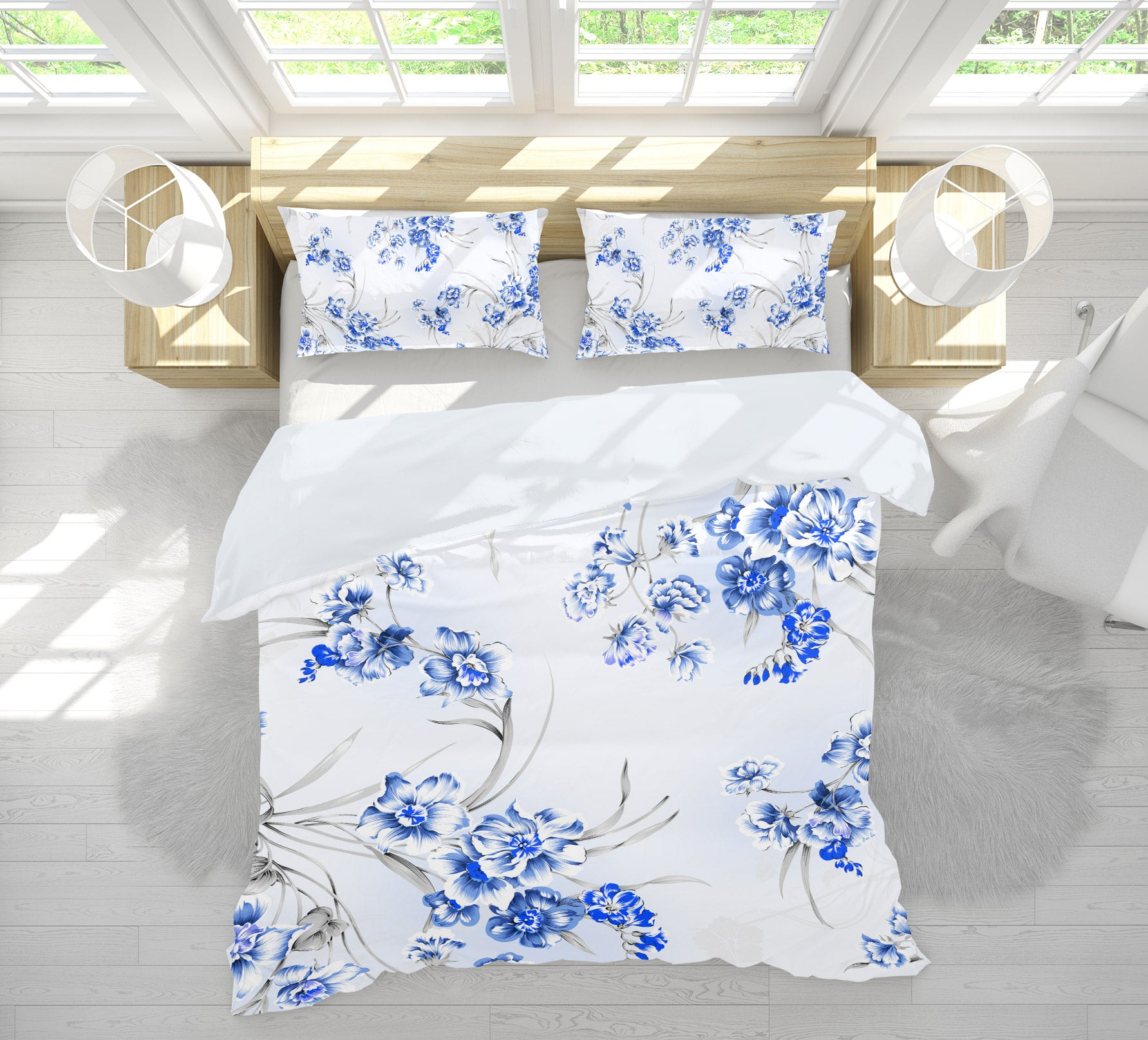 3D Blue Flowers 13094 Bed Pillowcases Quilt