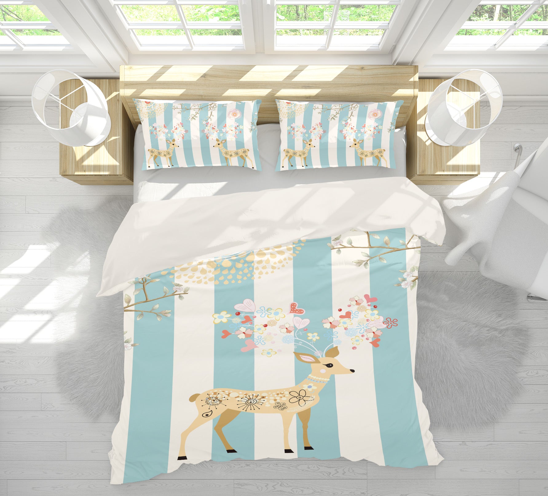 3D Deer Blue Strips 12054 Bed Pillowcases Quilt