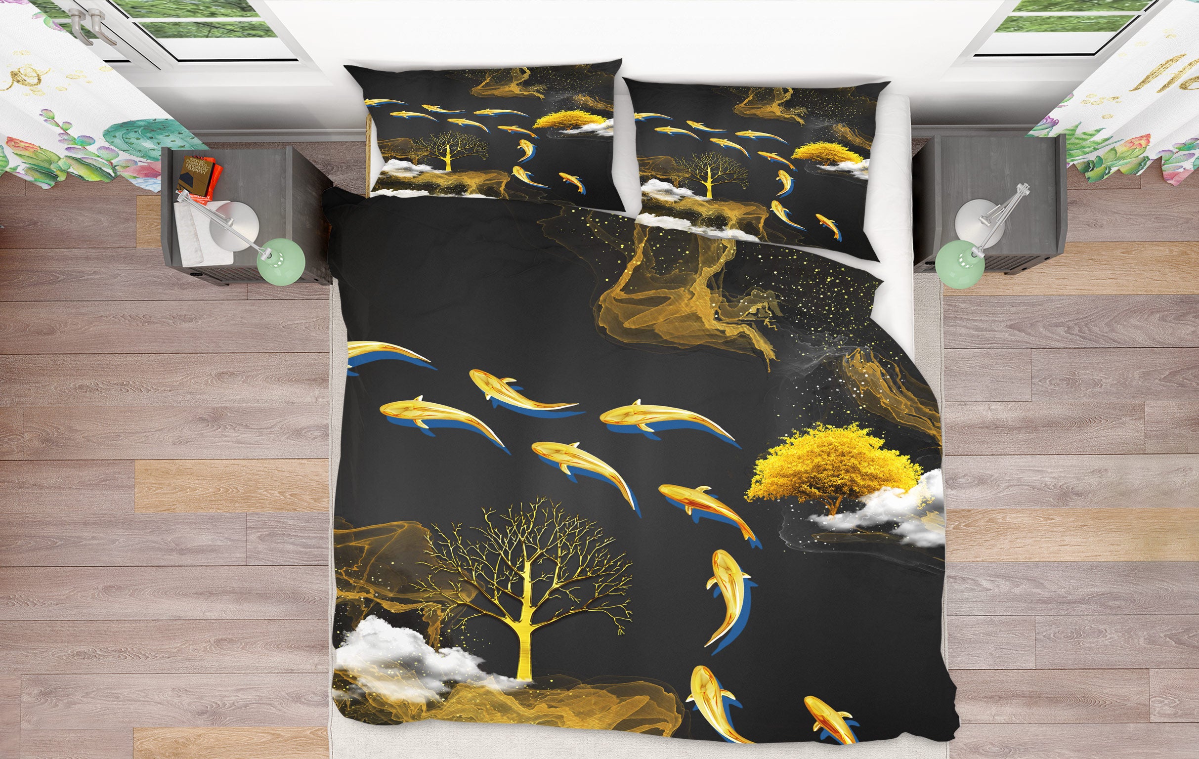 3D Golden Fish Tree 59108 Bed Pillowcases Quilt