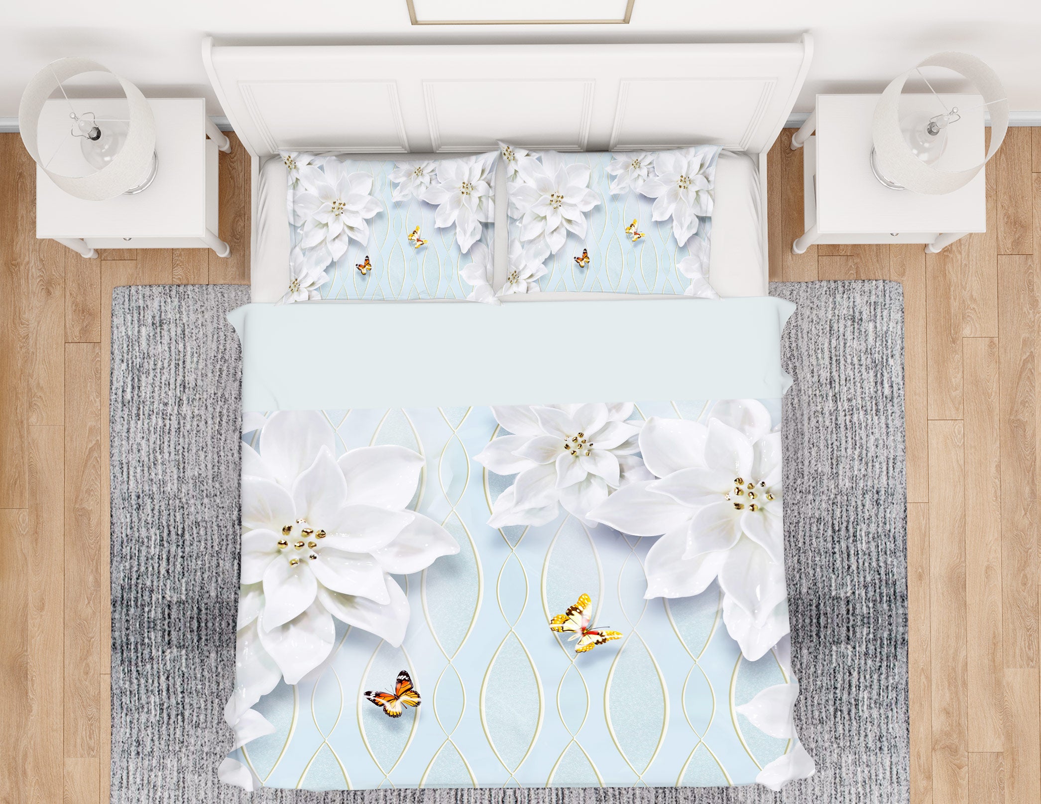 3D White Flowers Butterfly 13058 Bed Pillowcases Quilt