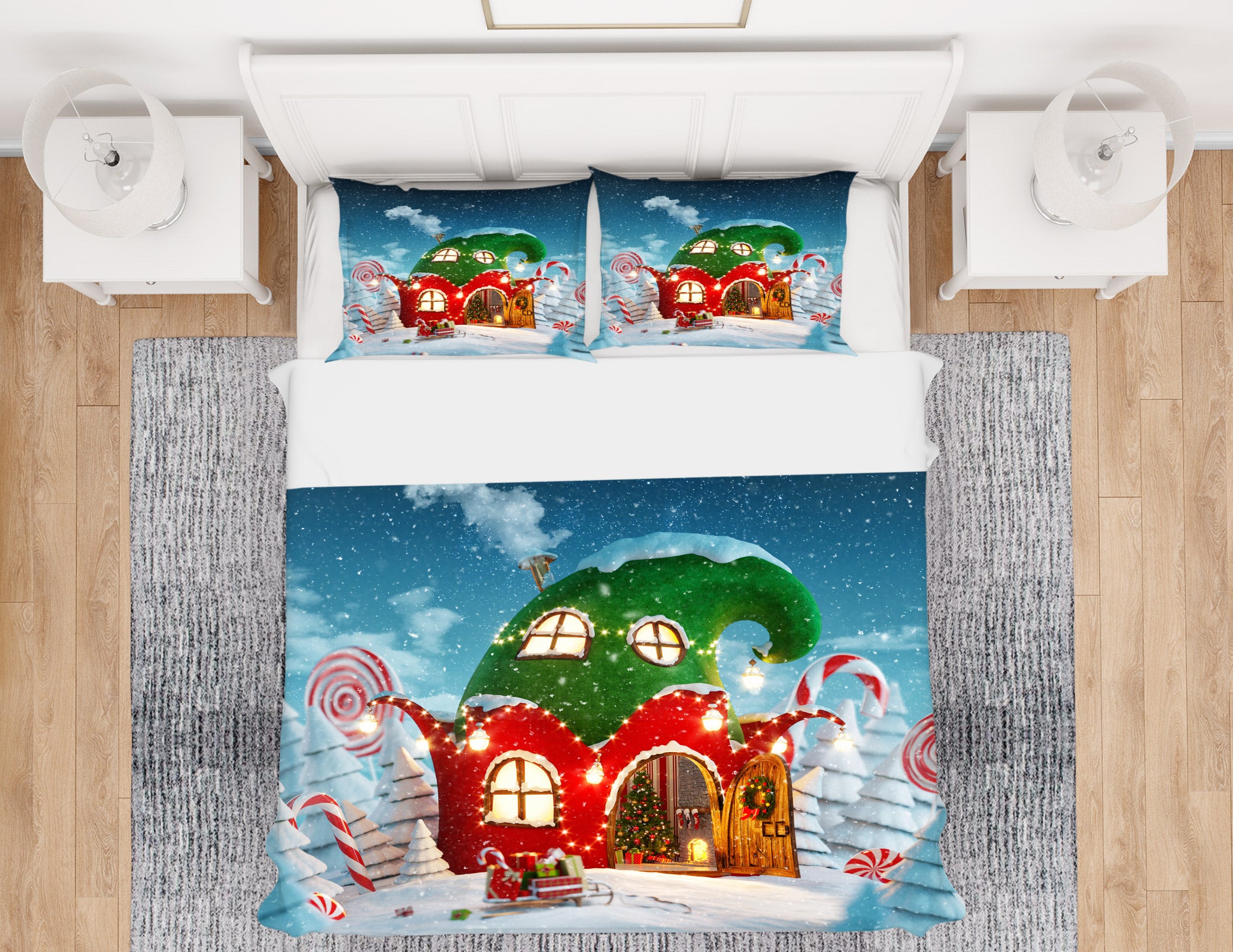 3D Snow Red Green Cabin 51001 Christmas Quilt Duvet Cover Xmas Bed Pillowcases