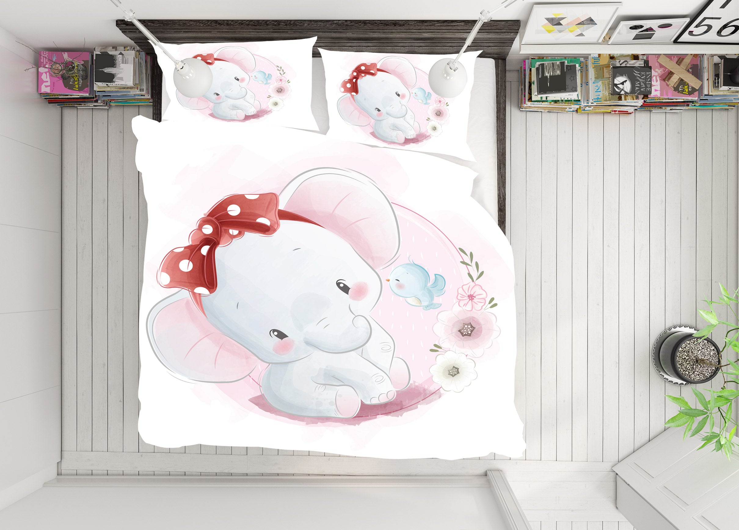 3D Elephant Red Bow 59035 Bed Pillowcases Quilt